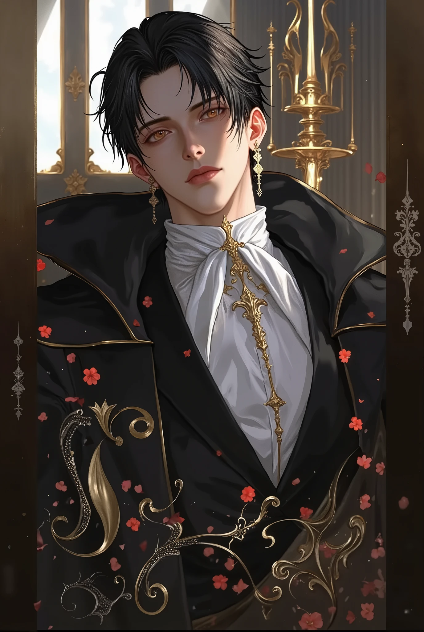 (masterpiece), (best quality), 1man, solo, male, middle part black hair, chiseled jawline, muscular, modern student, modern uniform, arrogant, confident, playful, unbothered, mighty, classroom background, forehead, majestic, aesthetic, ethereal, handsome, tall men, frown, amber eyes, stunning, detailed eyes, young adult face, magnificent background, (1men), detailed(light and shadow), light effects, cinematic camera angles, gentlemen, gentle, elegant, detailed light and shadow, cinematic scenery, (1person), (solo men), (short hair), young man, 18 years old, (exquisite art), rich, luxurious, Vibrant colors with subtle gradients), (Expressive character designs)