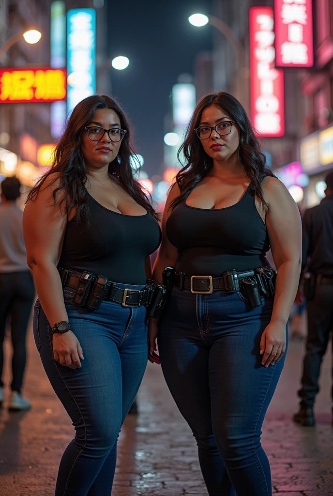 (photorealism:1.2), Short 4’11, chubby, 2 woman with black glasses, long brown hair, covered in tattoos, wearing black cargo pants, a black tank top and combat boots, on a city street at night, realistic style