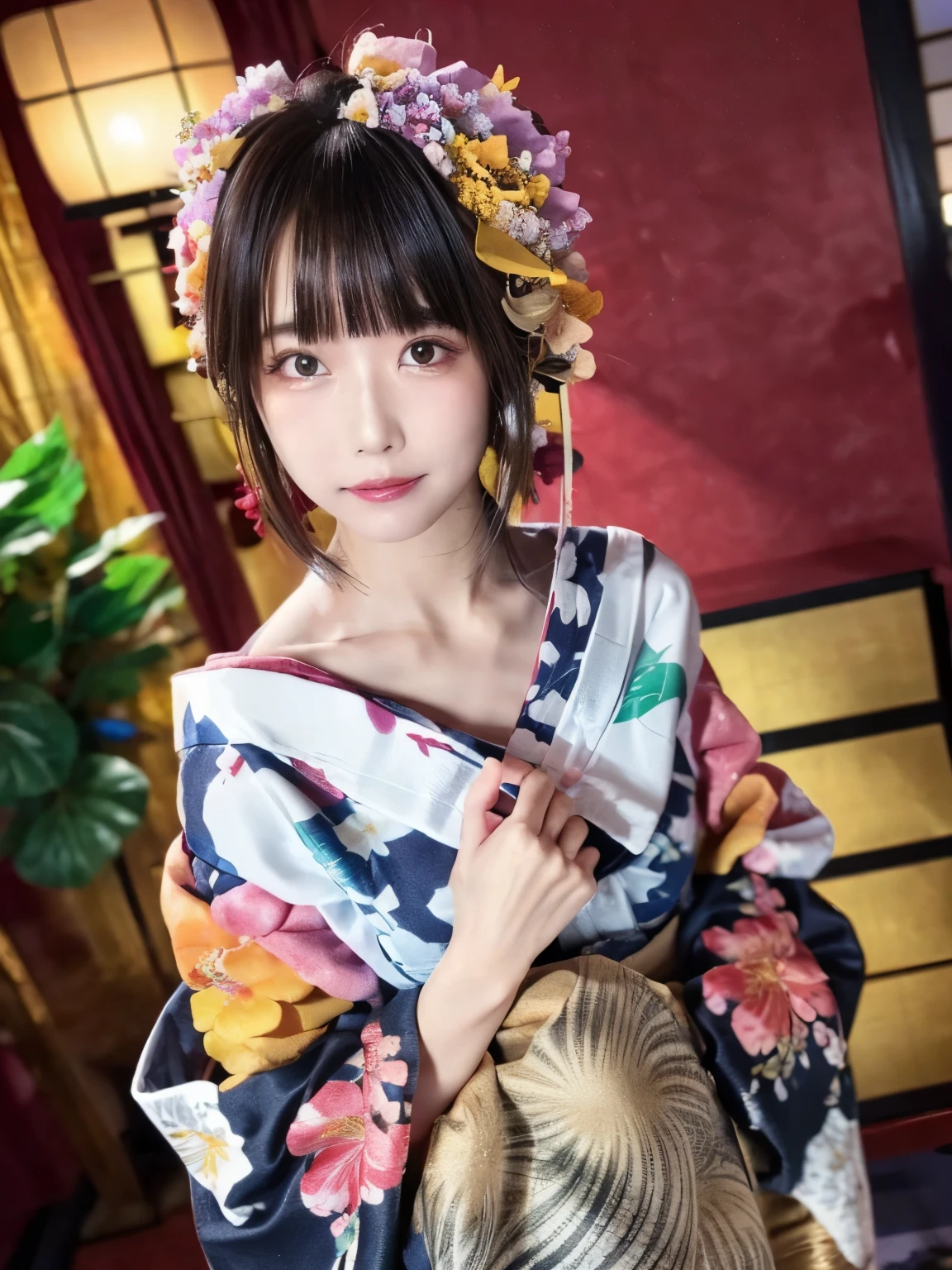 ( one young girl who can't see the stars), very cute face, amazing face and eyes, (Very elaborate eyes , Highly detailed faces), Fresh, Very beautiful appearance, (超realistic, High Resolution), (Highest quality:1.4), RAW photo, (realistic, Photorealistic:1.37), Professional Photo Shoot, (Floral Yukata:1.5), (Open yukata), (Chest:1.2), ( shoulder out), Laugh a little, (look at me), bedroom, Portrait of a Girl,