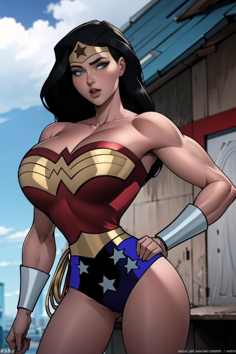 Art image of Megan Fox as Wonder Woman, busty, beautiful, black hair, large breasts, ancient Athens background, by Louis Royo, Boris Vallejo, Frank Frazetta, extreme focus, sharp details, sexy, oily skin, sexy, naughty, cleavage, bent over