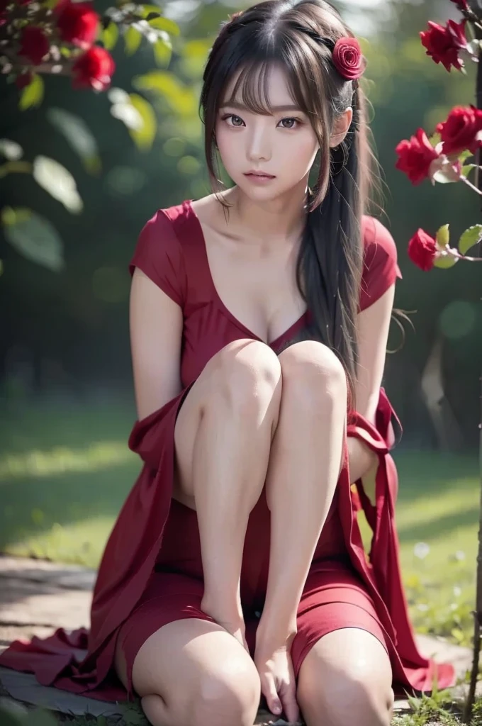 A girl in a forest wearing a beautiful red dress, enjoying the vivid greenery of her surroundings. The scene is filled with lush trees and plants, creating a serene and vibrant environment, highlighting the striking contrast between her dress and the natural landscape.