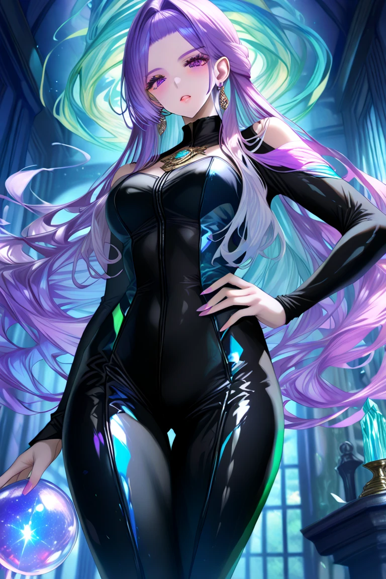 Masterpiece, best quality, 1girl, with long flowing iridescent hair in shades of purple, blue, and green, wearing a sleek black bodysuit, standing in a dramatic pose with one hand on her hip and the other holding a glowing, magical crystal ball. In the background, a swirling vortex of light and energy adds to the mysterious and enchanting atmosphere of the scene. glow hair, multicolor hair