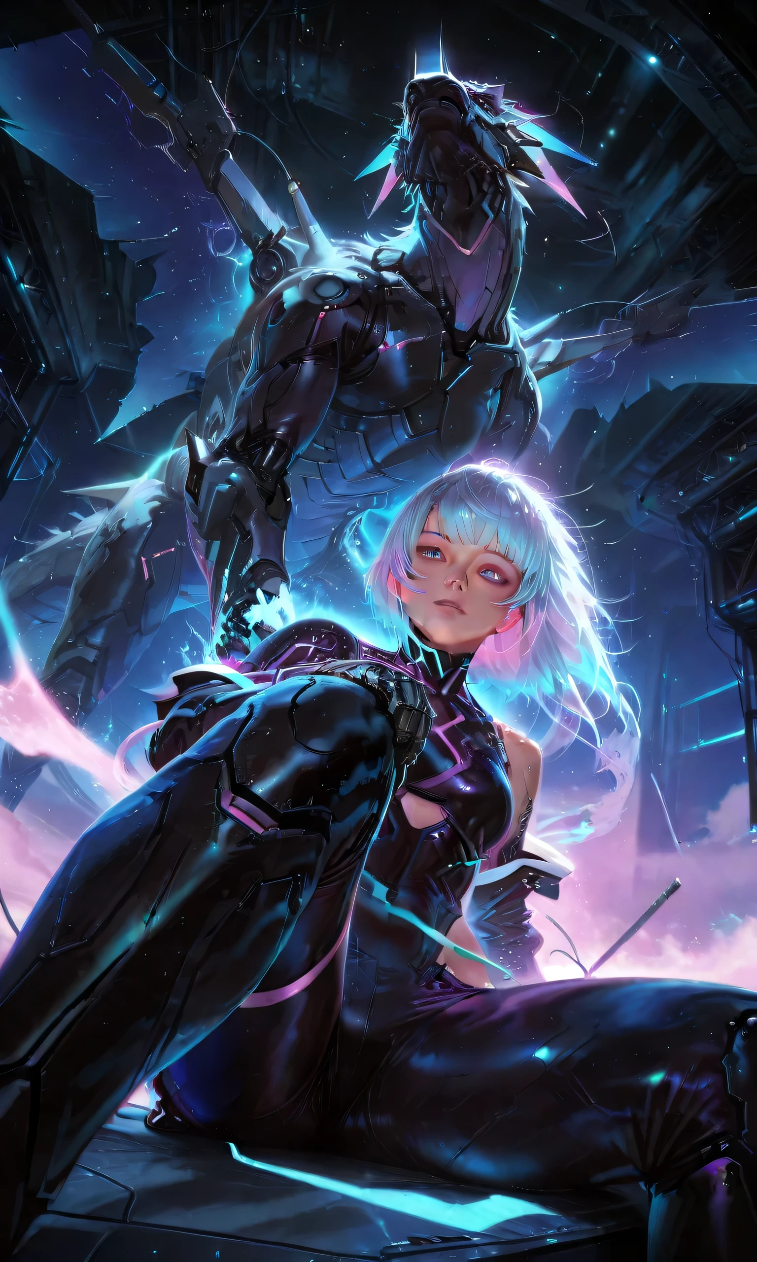 1girl, solo, ((prosthetic hand)), sitting on spacecraft, dragon, ((low view)), katana cyber sword, cinematic angle, highly detailed, hyper-realistic, 8k, ultra-high quality, vibrant colors, dramatic lighting, volumetric fog, photorealistic, concept art style, digital painting, mecha design, cyberpunk, futuristic, sci-fi, dark fantasy