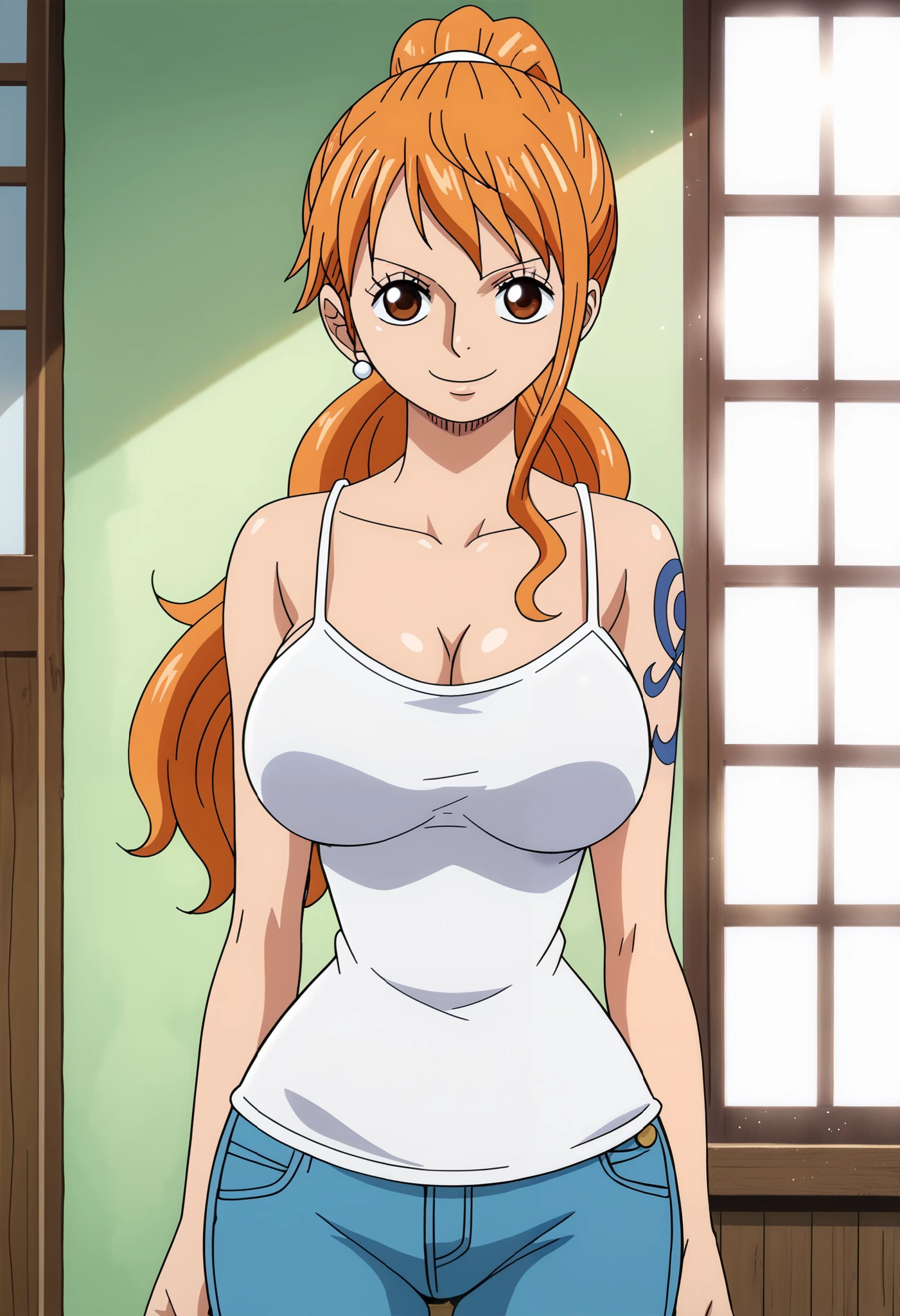 score_9_up, best quality, cowboy shot, anime_source, anime style, (SOLO:1.7), 1girl, Nami, orange hair, (white comesole:1.6), morning, (ponytail:1.7), (serious smile:1.3), (curvy body:0.7),), (slightly looking at the viewer:1.2) (Medium breasts:1.5), jeans