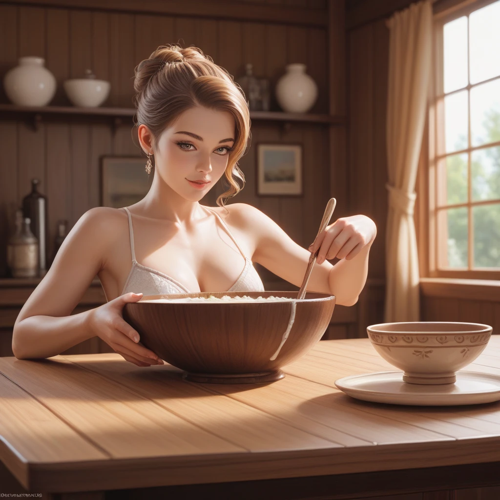 Very young and very atractive naked woman hiding her breasts inside of a white bowl, realistic style