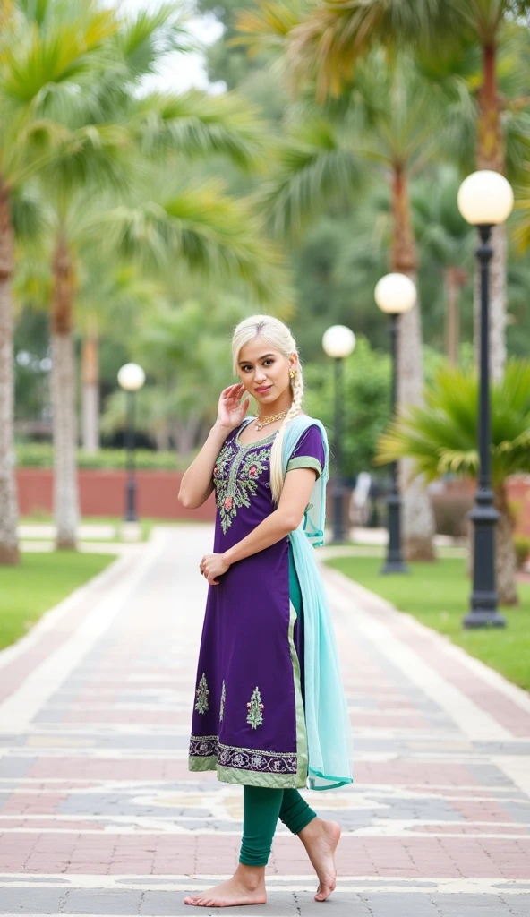 hires half body photo of a beautiful 25 -year-old desilatte woman, American blonde girl, fitness freak, long blonde hairs, muscles, smiling, embroidered western shirt dress, dynamic pose, highly textured skin, outdoors early morning time, background bokeh, very deep cleavage, deep neck, sexy look,