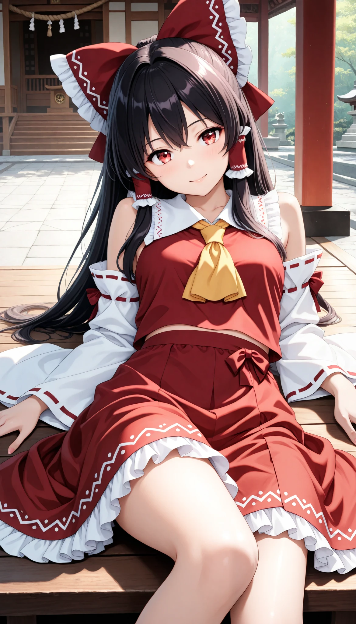 1 Beautiful Girl ,  cute woman, Beautiful Eye Expressions, hakurei_rhyme,detached sleeves,hair bow,red bow,ascot,hair tubes,skirt,frills,red skirt,yellow ascot,wide sleeves,standing,frilled bow,red shirt,frilled skirt,ribbon-trimmed sleeves,frilled shirt collar,bare shoulders,red vest,petticoat,nontraditional miko, (( reclining :1.4)), adorable expression, soft lighting, Fantasy,  Sacred Atmosphere , shrine, shrineの背景, (Highest quality:1.2, very detailed, CG illustration, soft focus, masterpiece:1.2, Aesthetics at its best),