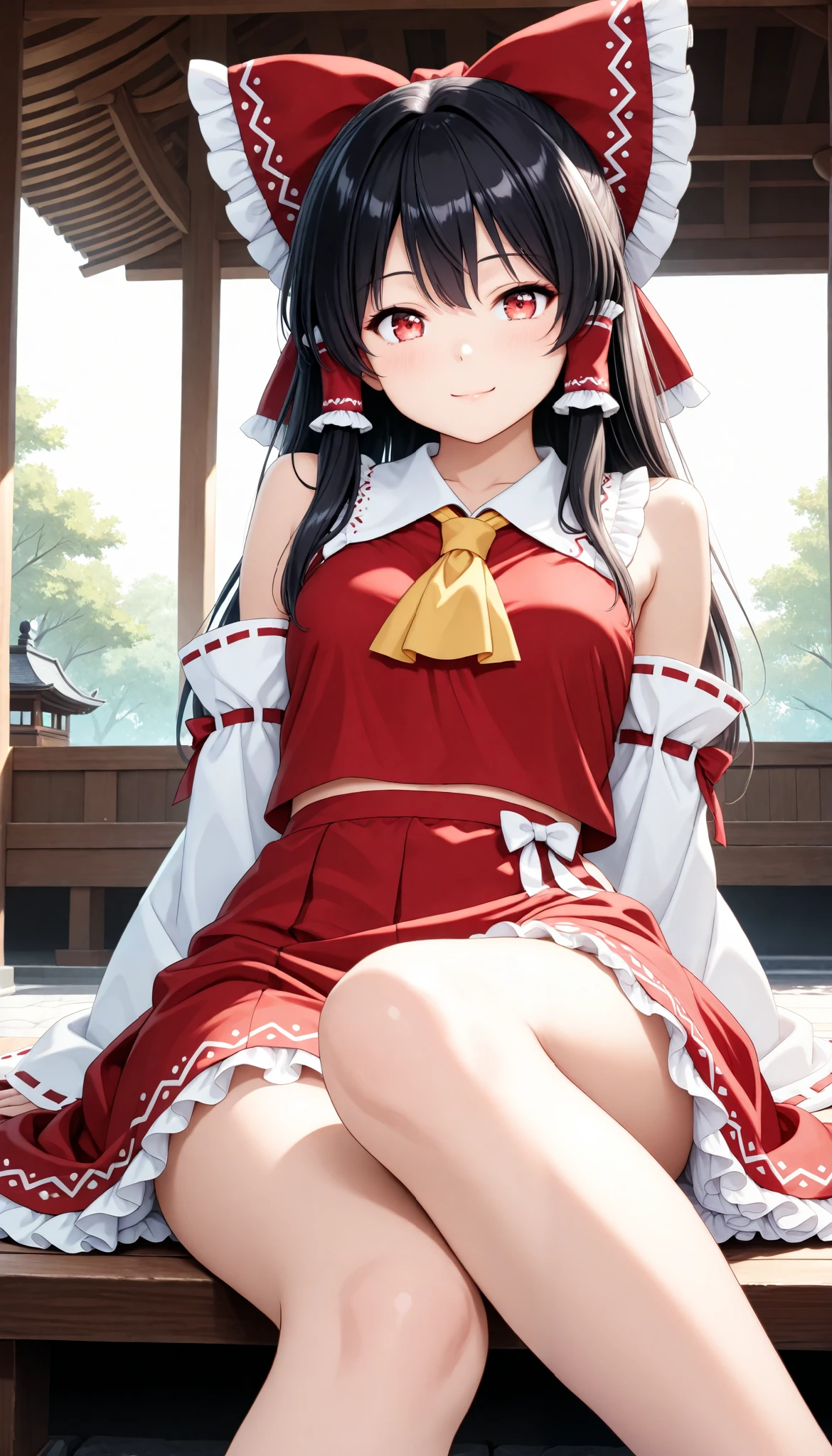 1 Beautiful Girl , cute woman, Beautiful Eye Expressions, hakurei_rhyme,detached sleeves,hair bow,red bow,ascot,hair tubes,skirt,frills,red skirt,yellow ascot,wide sleeves,standing,frilled bow,red shirt,frilled skirt,ribbon-trimmed sleeves,frilled shirt collar,bare shoulders,red vest,petticoat,nontraditional miko, (( reclining :1.4)), adorable expression, soft lighting, Fantasy, Sacred Atmosphere , shrine, shrineの背景, (Highest quality:1.2, very detailed, CG illustration, soft focus, masterpiece:1.2, Aesthetics at its best),