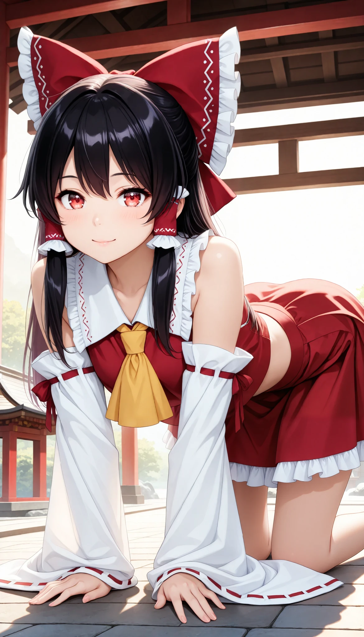 (Reimu Hakurei)(Anime)(Big Breasts)(Big Ass)(White Stockings)(Shrine maiden)(On all fours)(Beautiful legs)(From directly behind)(White pants)