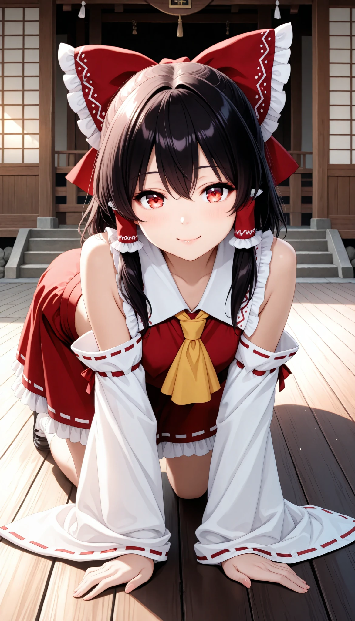 1 Beautiful Girl , cute woman, Beautiful Eye Expressions, hakurei_rhyme,detached sleeves,hair bow,red bow,ascot,hair tubes,skirt,frills,red skirt,yellow ascot,wide sleeves,standing,frilled bow,red shirt,frilled skirt,ribbon-trimmed sleeves,frilled shirt collar,bare shoulders,red vest,petticoat,nontraditional miko, (( on all fours:1.4)), adorable expression, soft lighting, Fantasy, Sacred Atmosphere , shrine, shrineの背景, (Highest quality:1.2, very detailed, CG illustration, soft focus, masterpiece:1.2, Aesthetics at its best),