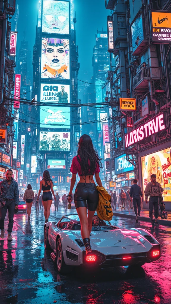 (vaporwave city,fantasy Egypt),pyramids with neon lights,retro arcade machines on the sidewalks,glowing palm trees,icy blue skies reflecting on golden sand dunes,pharaoh statues adorned with vibrant colors,majestic Sphinx with a cyberpunk twist,glowing hieroglyphics that tell a futuristic story,tranquil river flowing through the city,people wearing futuristic attire,hoverboards gliding through the air,pulsating music filling the streets,illuminated fountains with holographic water displays,glittering stars in the night sky. Buildings are Pyramids