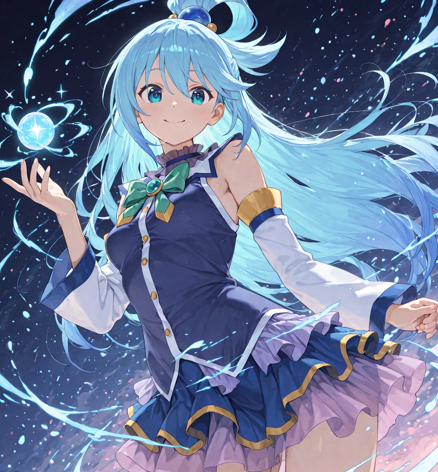 (wallpaper 8k CG), (masterpiece), (best quality), Anime style, masterpiece, long hair, girl, (smile), flower-petals rainbow-colored musical notes and stars flowing from her fluttering blue hair. The background is a galaxy, star, light, Top and bottom split