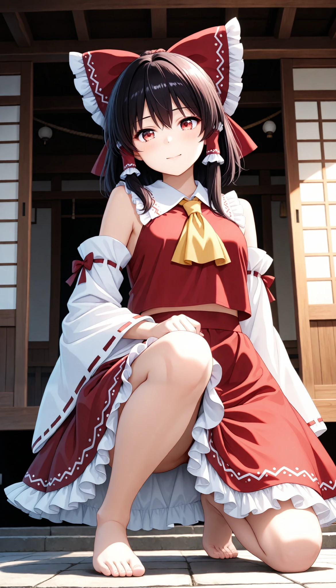 1 Beautiful Girl ,  cute woman, Beautiful Eye Expressions, hakurei_rhyme,detached sleeves,hair bow,red bow,ascot,hair tubes,skirt,frills,red skirt,yellow ascot,wide sleeves,standing,frilled bow,red shirt,frilled skirt,ribbon-trimmed sleeves,frilled shirt collar,bare shoulders,red vest,petticoat,nontraditional miko, (( get down on one knee:1.4,  open)), adorable expression, soft lighting, Fantasy,  Sacred Atmosphere , shrine, shrineの背景, (Highest quality:1.2, very detailed, CG illustration, soft focus, masterpiece:1.2, Aesthetics at its best),