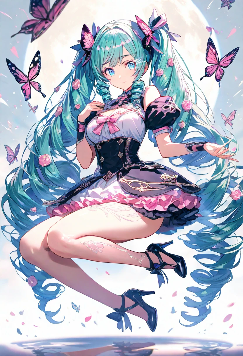 soles, masterpiece, Hatsune Miku, 1 person, solo, hair inhalation, face up, blue sky, glow white particle, (sidelighting:1.2), sun rise , pink cloud, detailed clouds, slender, Lovely small exposed large breasts, super cute smile with teeth, red cheek, blushing, beautiful green hair, magic light, deep shiny blue eyes, cute girly pause, Draw your breasts inward and push them up, choker, exposed breasts, exposed pink nipples, white micro bikini, super detailed beautiful Kyoto view background, sunset view, wide shot, giving peace sign, jumping, fun, full body, fireworks,galaxy,glint ,light particles,light rays,light trail,Energy circle,Magic Formation,Concentric circle,fire magic,magic circle,milky way,planet,shooting star,sky,solo, sparkle background,star \(sky\),star \(symbol\),starry background,starry sky,starry sky print, tattoo on breasts, full body