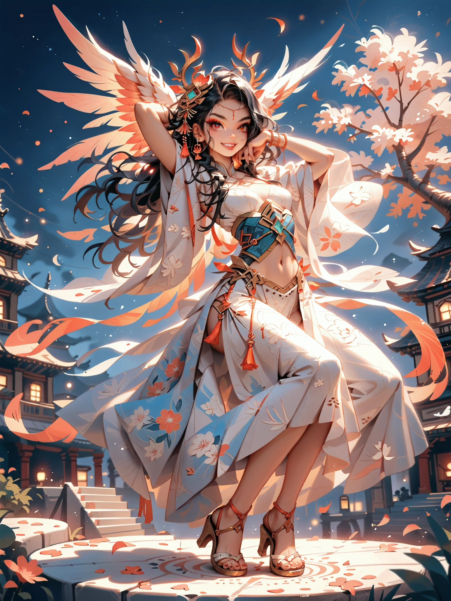 dynamic pose(Foldable Silk Fanを優雅に開き、dancing Japanese dance,)Beautiful age girl illuminated by the moon(A deep smile, black hair,slender figure,supple and curved proportions that glow in Prism School's rainbow colors）A large amount of rainbow-colored particles swirl around the center。
(Foldable Silk Fan)、(Sumptuous gold thread embroidered cherry blossoms and auspicious patterns、The finest red silk kimono、)Gold-embellished hairpin、Sandals。
Weeping cherry blossoms 、Cherry blossom petals soar in large numbers,Jet black night sky 、starry sky。
An anime picture that looks like it was drawn by a top illustrator。
