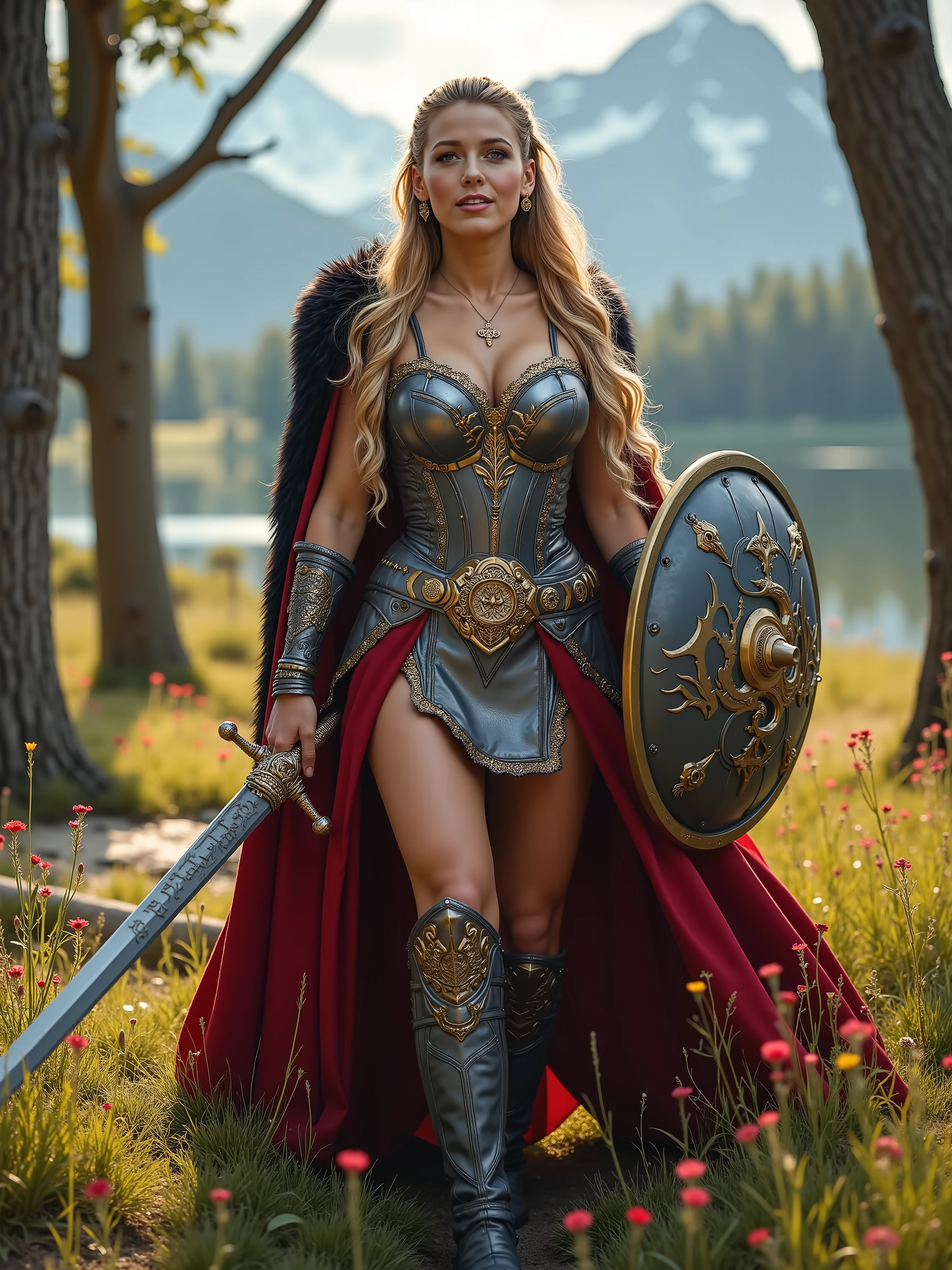 Blake Lively reimagined as a majestic hot and gorgeous Norse goddess Sif walking and holding a gleaming longsword、1 female、 full figure, full body, cleavage,
A striking warrior goddess, radiating both beauty and unyielding strength. Her long, golden hair, shimmering like woven sunlight, cascades down her back in loose braids intertwined with silver rings. Her piercing sky-blue eyes burn with fierce determination. Her expression is bold yet regal,
She wears a sleek, battle-forged cuirass of polished silver and crimson, sculpted with intricate filigree of intertwining vines and golden wheat, symbolizing both war and prosperity. A deep-red Asgardian war skirt, reinforced with steel plates, flows with her every step, its edges embroidered with runic symbols of strength.
Over her shoulders rests a black wolf-fur mantle, fastened by a golden dragon-headed brooch, signifying her noble lineage. Her bracers of silver and onyx, engraved with swirling battle runes, encase her forearms, while a wide leather belt, adorned with Asgardian knotwork, secures her armor. Her steel-plated boots,
A gleaming longsword, its blade etched with fiery golden runes, rests at her hip, while in her hand, she grips a large, ornately crafted round shield, its surface emblazoned with a golden phoenix,
big breast、 alluring 、shows her female character's full figure, athletic body, perfect face, full body, extremely beautiful, goddess, female shape, perfect anatomy, The background showcases Lush emerald meadows dotted with wildflowers stretch beneath towering golden-leaved trees. A crystal-clear river winds through the land, reflecting the sky’s glow. In the distance, snow-capped mountains rise, partially veiled in mist, while a waterfall cascades into a sapphire-blue lake, masterpiece, realistic, high contrast, 8k, HD, high definition detailed, detailed, hyper detailed, realistic skin texture, best quality, ultra high resolution, , hyper realistic, no text, very detailed eyes, dramatic lighting