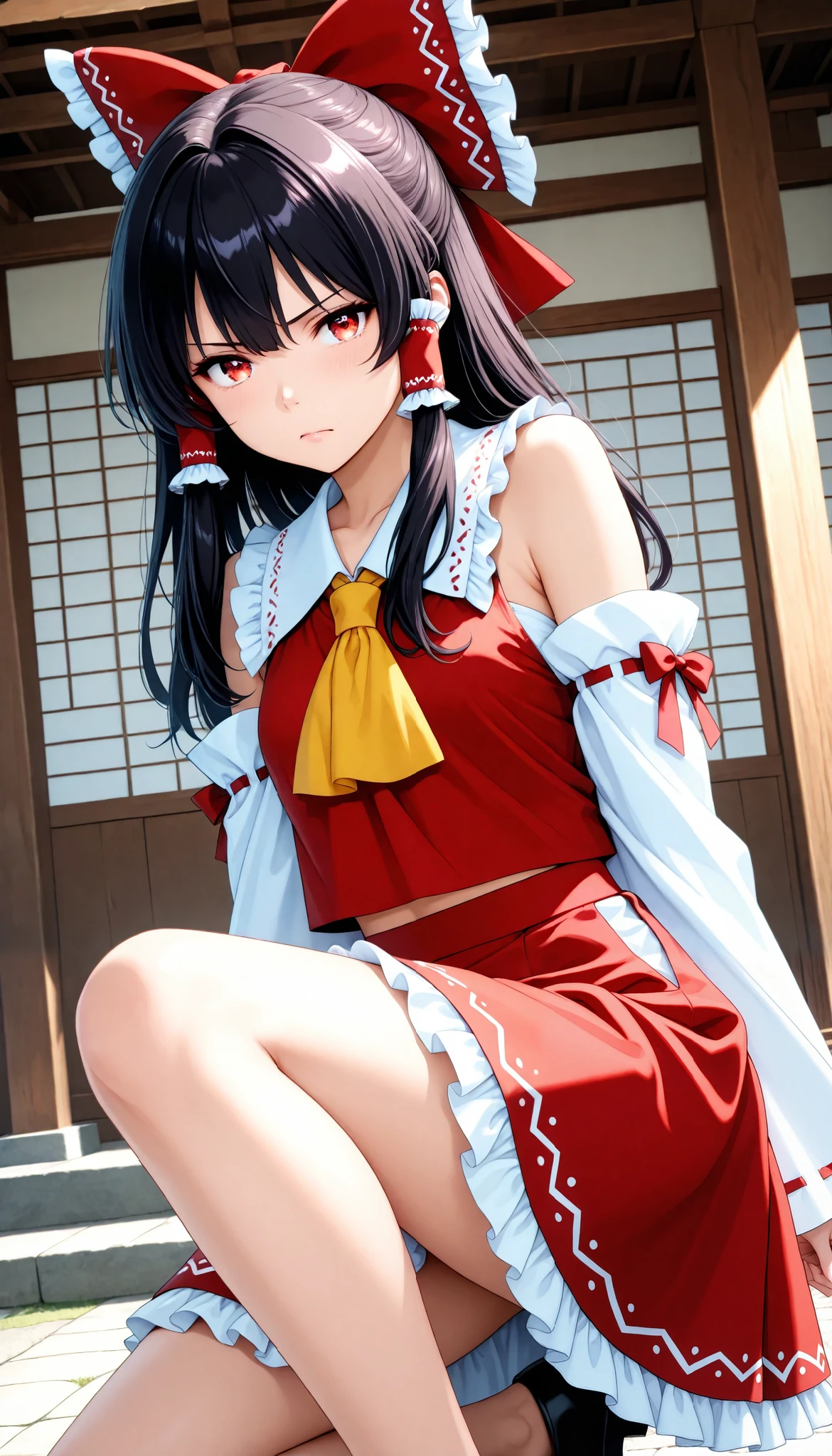 1 Beautiful Girl ,  cute woman, Beautiful Eye Expressions, hakurei_rhyme,detached sleeves,hair bow,red bow,ascot,hair tubes,skirt,frills,red skirt,yellow ascot,wide sleeves,standing,frilled bow,red shirt,frilled skirt,ribbon-trimmed sleeves,frilled shirt collar,bare shoulders,red vest,petticoat,nontraditional miko, (( get down on one knee:1.4,  open)), ( serious face, Rin々A funny expression), 愛らA funny expression, soft lighting, Fantasy,  Sacred Atmosphere , shrine, shrineの背景, (Highest quality:1.2, very detailed, CG illustration, soft focus, masterpiece:1.2, Aesthetics at its best),