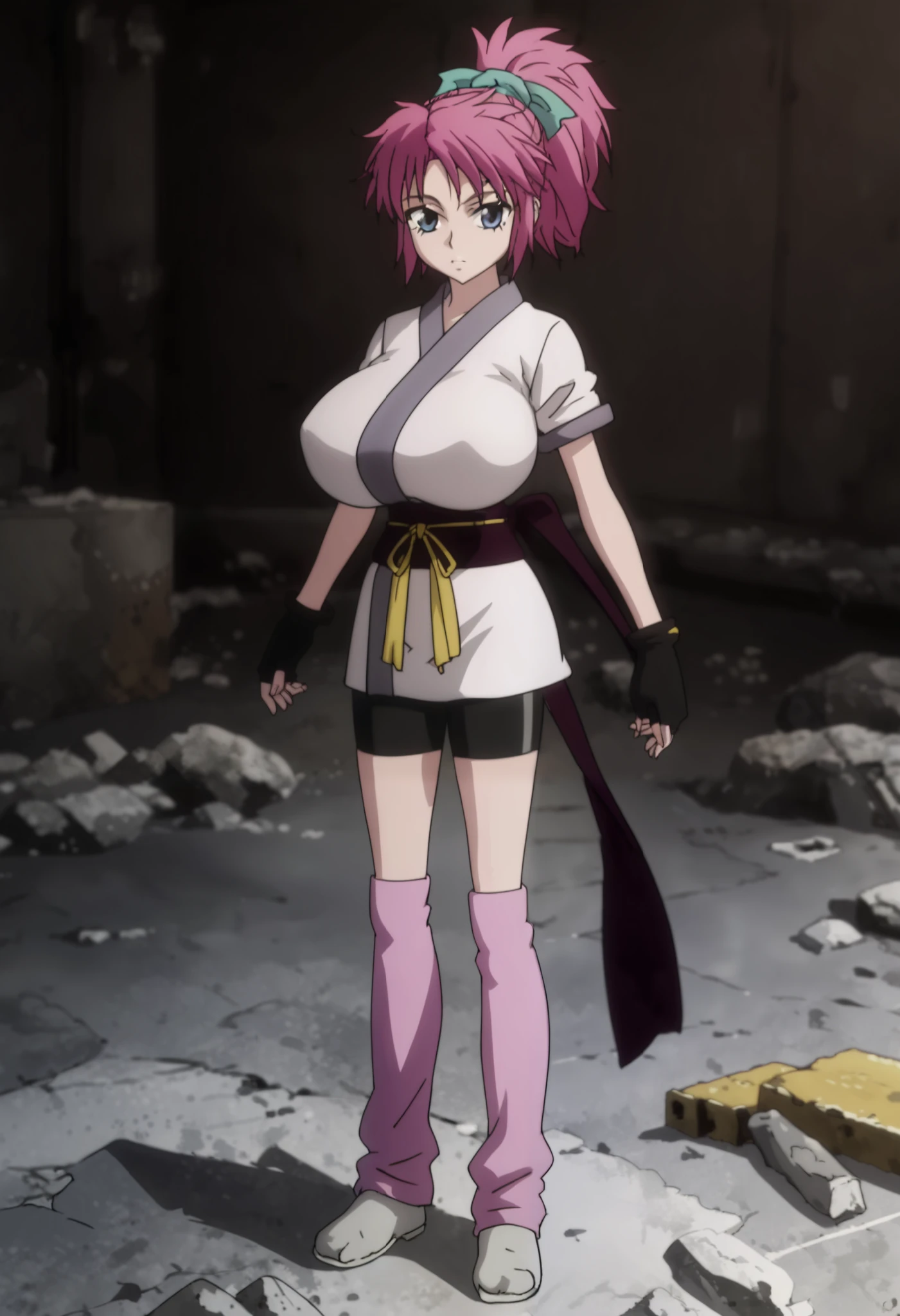score_9, score_8_up, score_7_up, source_anime, source_anime, detailed background, anime screencap, uncensored, indoors, abandoned buildings, concrete walls, concrete floor, suburb, Pink hair, ponytail, blue eyes, Japanese clothes, Bike shorts, black fingerless gloves, leg warmers, sash, hair ribbon, looking at the viewer, expressionless, (ultra huge breasts:1.2, ultra huge tits:1.2, ultra huge cleavages:1.2, ultra huge boobs:1.2), cowboy shot, (put hands on waists:1.25),