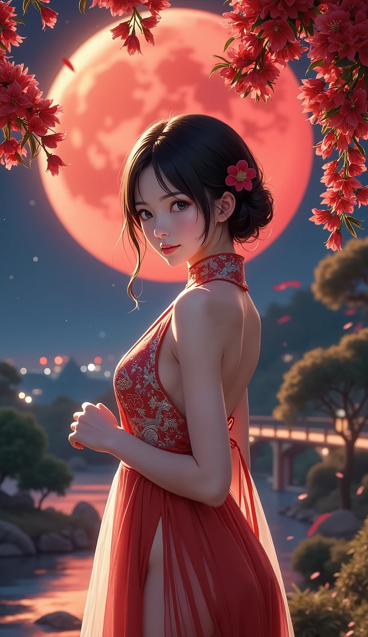 ( A Woman in a Chinese Dress)、 Fantastic、soft focus、Moonlight Night、Red Moon、with bright red higan flowers blooming all over {x}