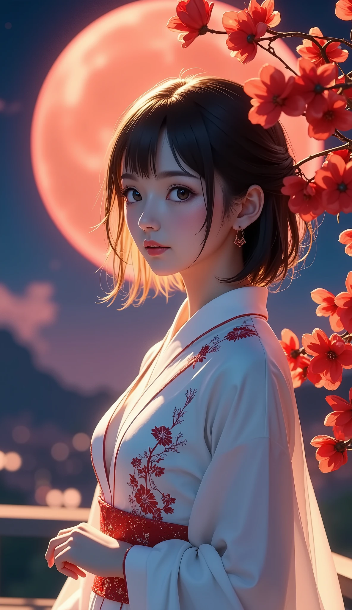 ( A Woman in a Chinese Dress)、 Fantastic、soft focus、Moonlight Night、Red Moon、with bright red higan flowers blooming all over {x}
