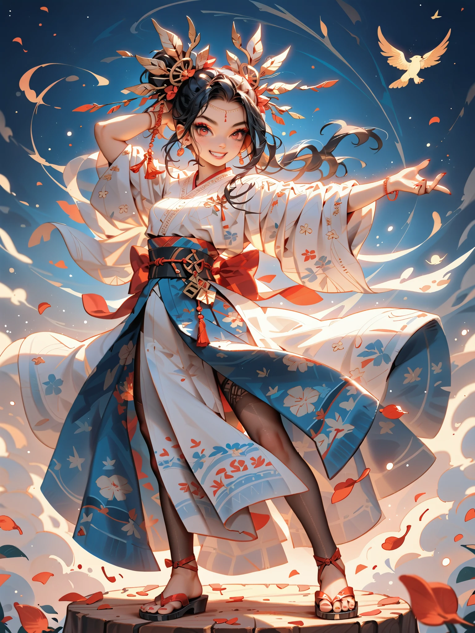 dynamic pose(Foldable Silk Fanを優雅に開き、dancing Japanese dance,)Beautiful age girl illuminated by the moon(A deep smile, black hair,slender figure,supple and curved proportions that glow in Prism School's rainbow colors）A large amount of rainbow-colored particles swirl around the center。
(Foldable Silk Fan)、(Sumptuous gold thread embroidered cherry blossoms and auspicious patterns、The finest red silk kimono、)Gold-embellished hairpin、Sandals。
Weeping cherry blossoms 、Cherry blossom petals soar in large numbers,Jet black night sky 、starry sky。
An anime picture that looks like it was drawn by a top illustrator。
