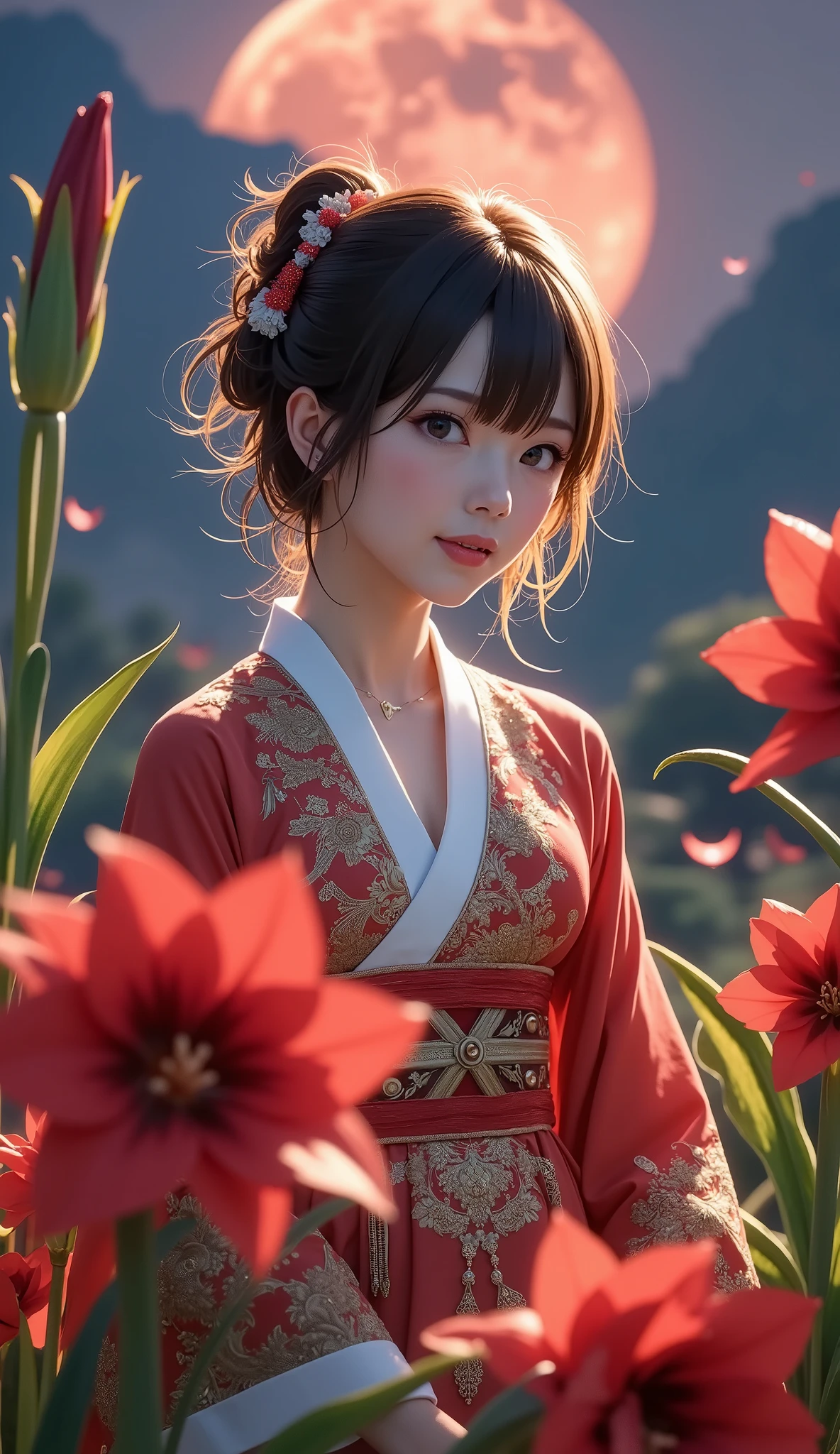 (A woman in a Chinese dress), fantastic, soft focus, moonlit night, red moon, bright red cluster amaryllis blooming all around.