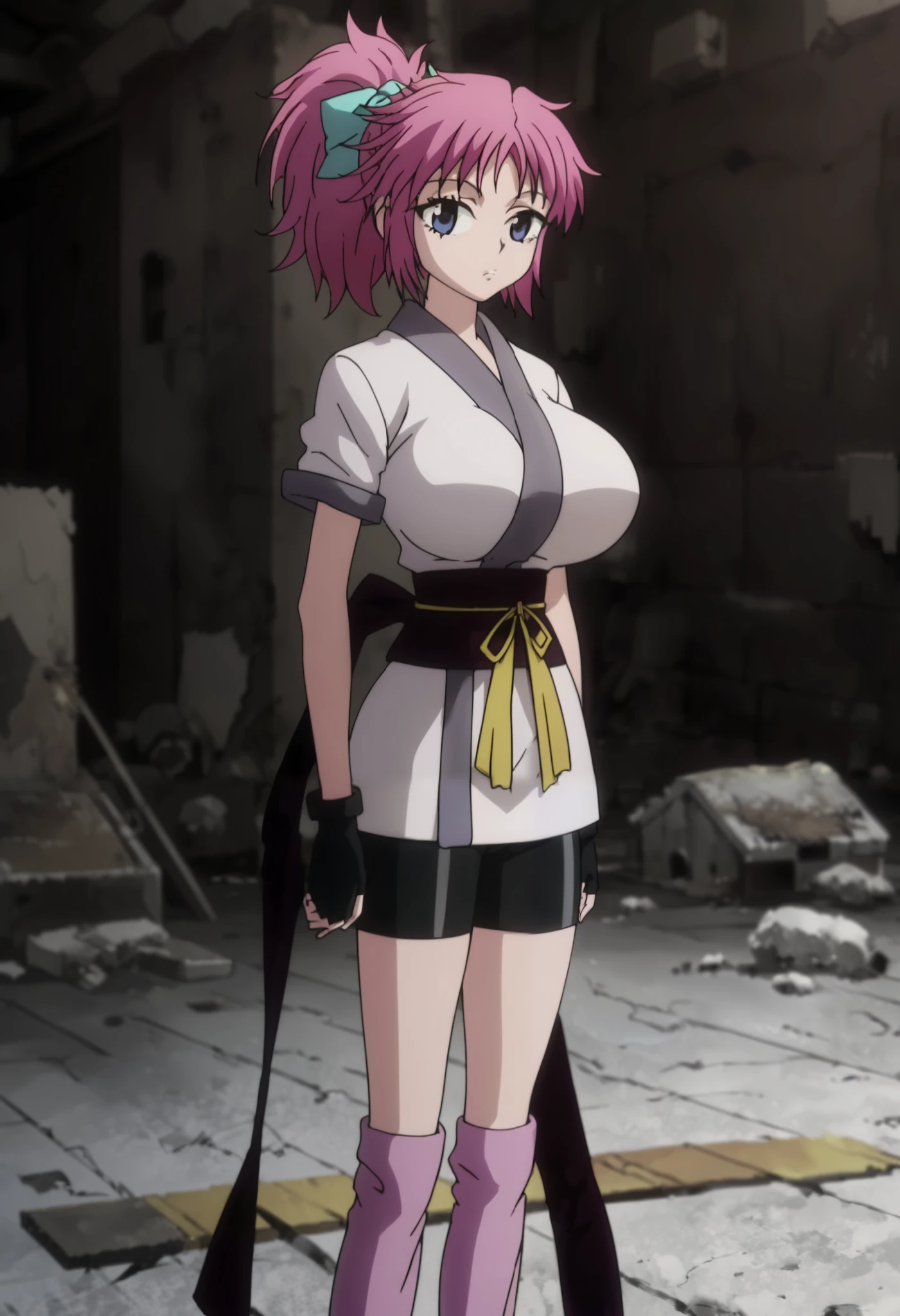 score_9, score_8_up, score_7_up, source_anime, source_anime, detailed background, anime screencap, uncensored, indoors, abandoned buildings, concrete walls, concrete floor, suburb, Pink hair, ponytail, blue eyes, Japanese clothes, Bike shorts, black fingerless gloves, leg warmers, sash, hair ribbon, looking at the viewer, expressionless, (ultra huge breasts:1.2, ultra huge tits:1.2, ultra huge cleavages:1.2, ultra huge boobs:1.2), cowboy shot,