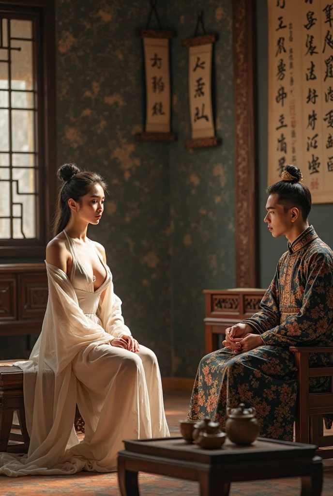 In ancient China, the Tang Dynasty, a naked woman on her wedding night bed uses martial arts to subdue her husband on a chair in the bedroom.
