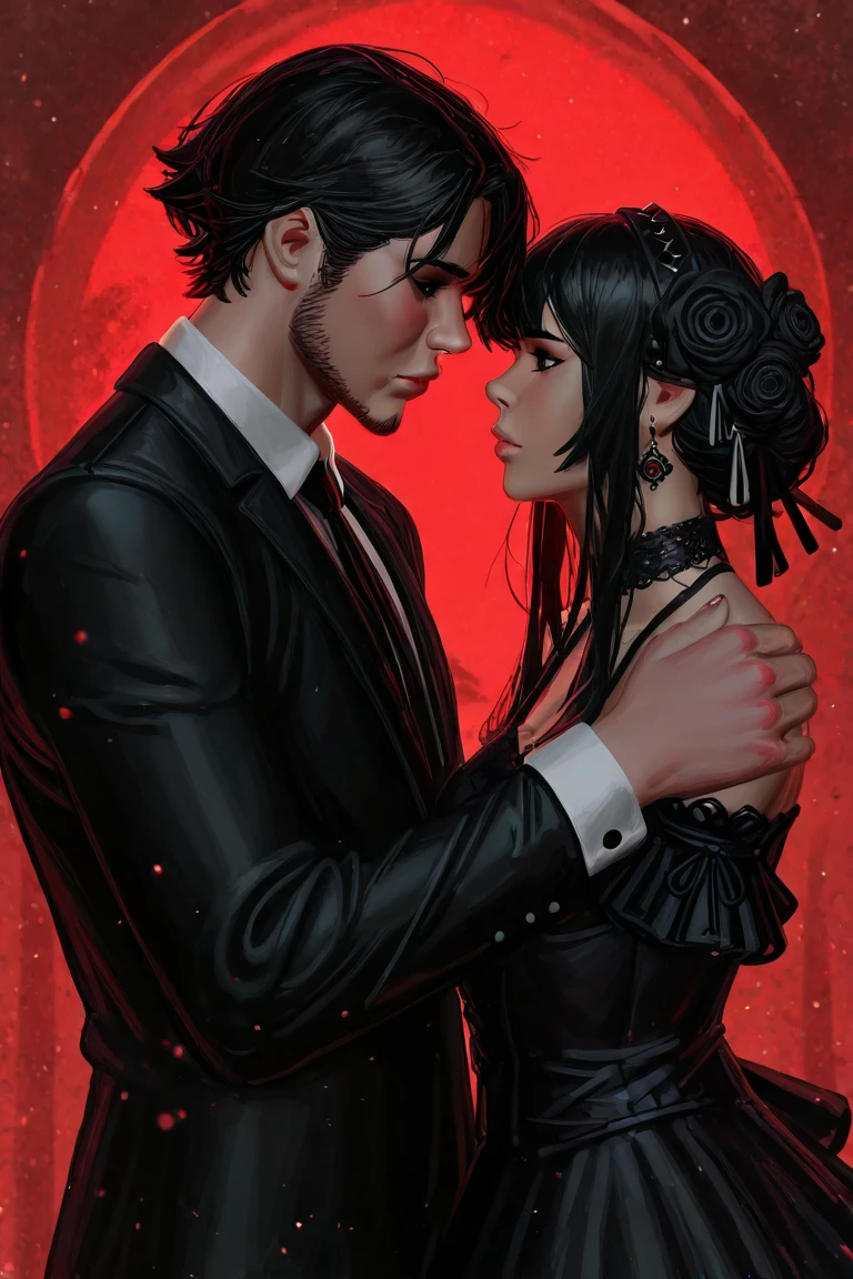 Casal de vampiros, estilo anime, mulher sexy vestido vermelho, homem cinza e terno preto, mulher vestido de noiva, preto, Escuro, dreadlocks, cabelos muito longos, Pashmina