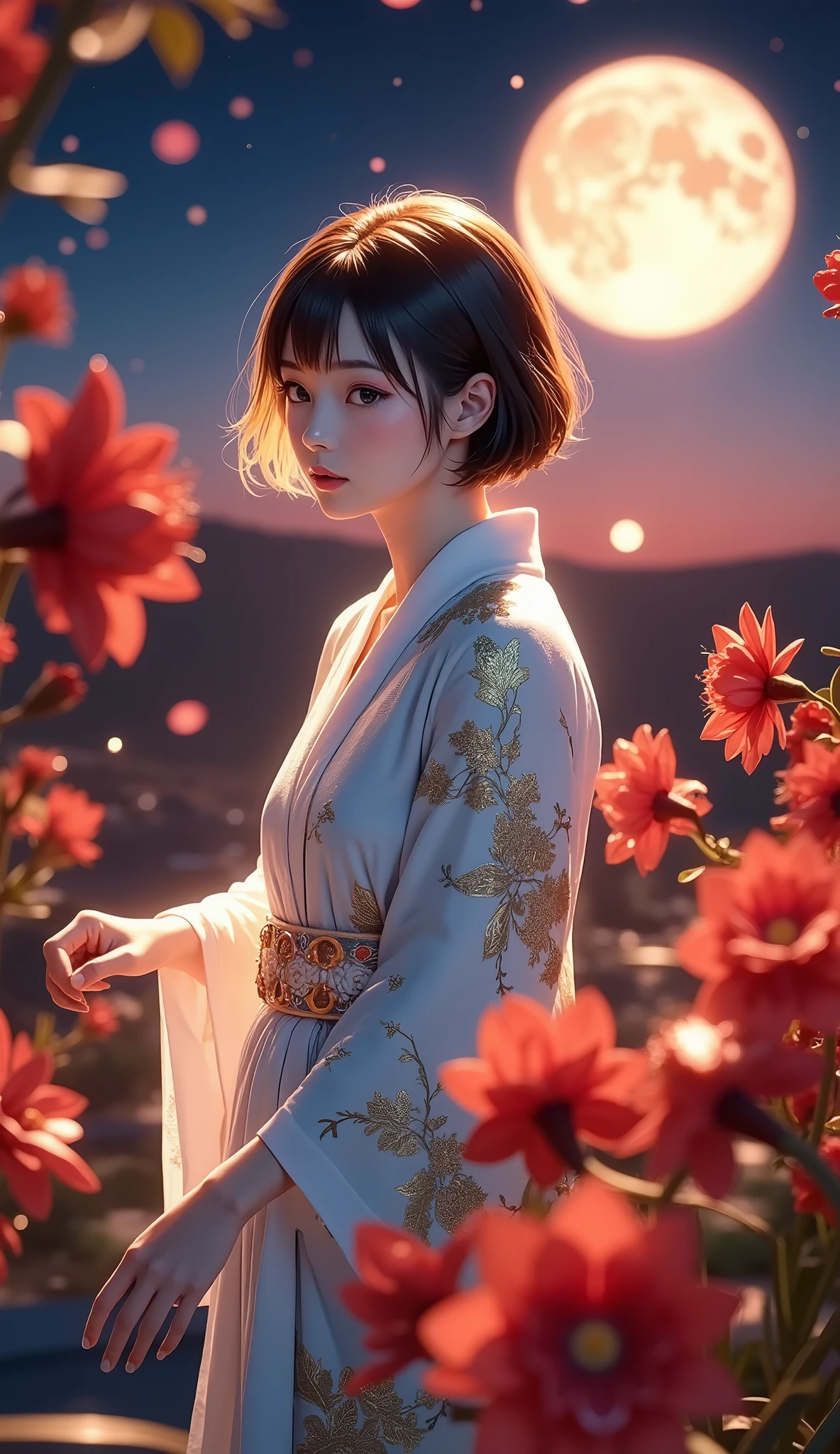 (A woman in a Chinese dress), fantastic, soft focus, moonlit night, red moon, bright red cluster amaryllis blooming all around.