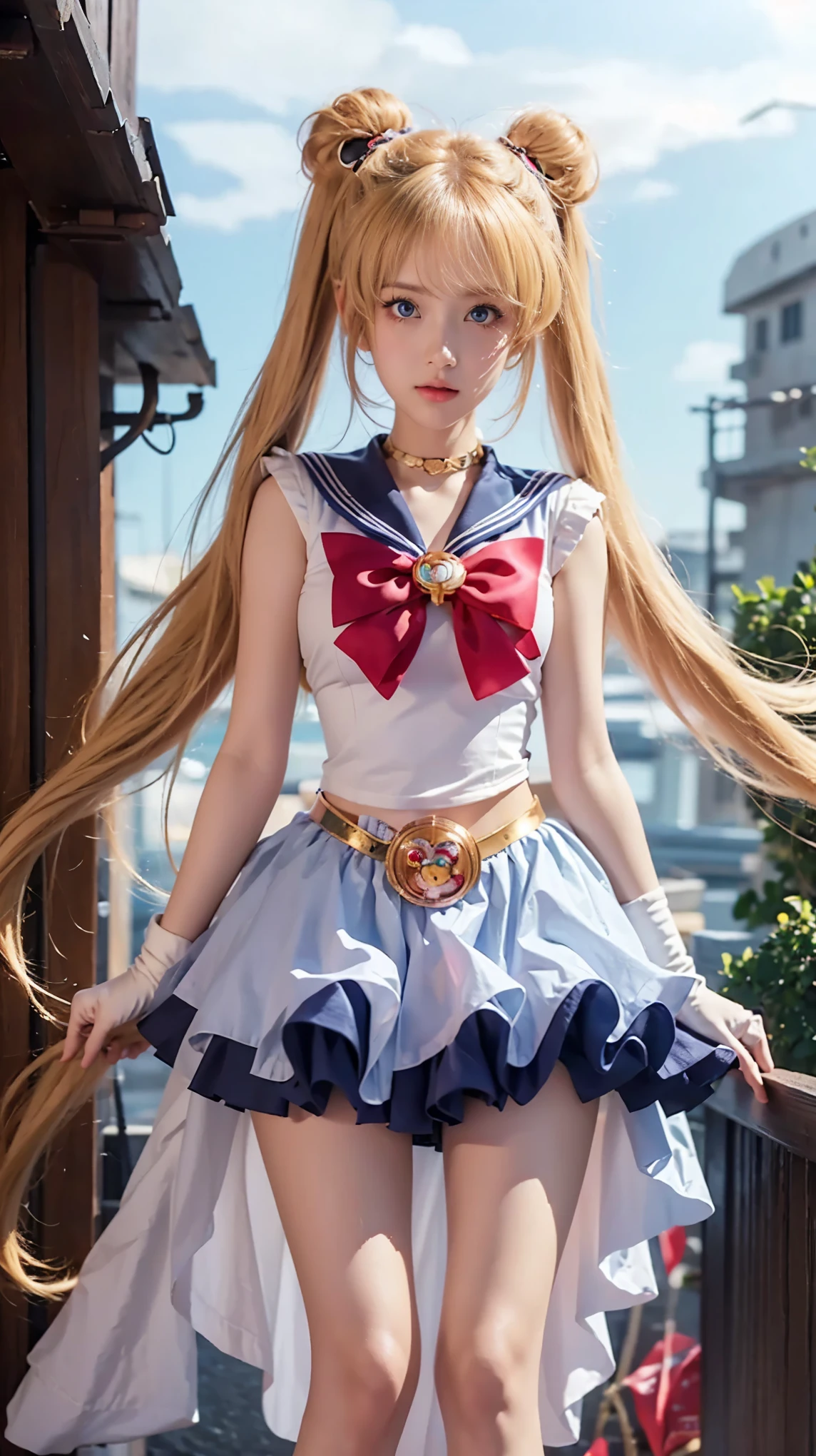 sailor girl sitting on a rock with her hands on her knees, anime girl cosplay, anime cosplay, sailor moon style, inspired by Sailor Moon, the sailor moon. beautiful, by Sailor Moon, cosplay photo, sailor moon!!!!!!!!, full-cosplay, cosplay, glamourous cosplay, anime girl in real life, sailor moon aesthetic, sailor uniform, professional cosplay, publicity cosplay, big body, sexy, chubby, fat, thin lips, shiny lips, blue eyes. sad face, crying, realistic