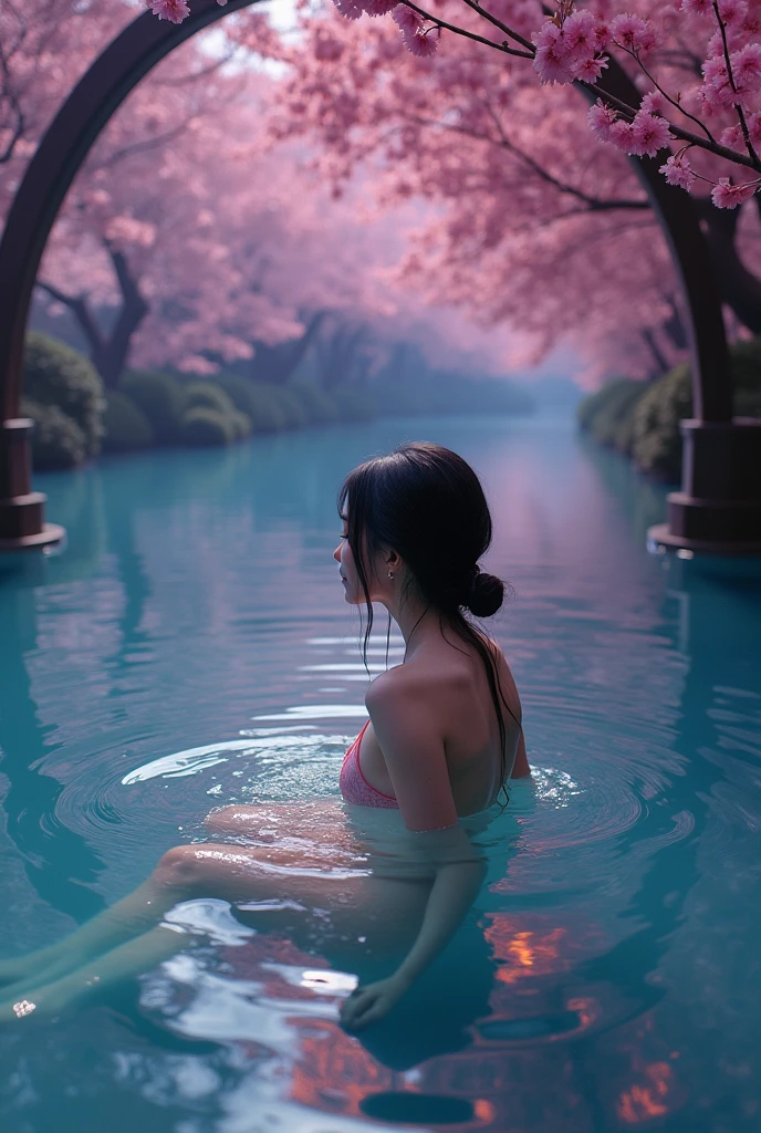 (8k,RAW Photos、RAW Photos、Highest quality、Masterpiece:1.2)、Ultra-detailed、Super Resolution、The most beautiful cherry trees in the world、(Photorealistic:1.3)、((Cherry blossoms shining on the surface of the water))、((Reality and cherry blossoms reflected on the surface of the water.))、Cute pose、Sakura Park at sunset、The end of cherry blossoms、Cherry blossoms flutter、Cherry blossoms soaring in the sky、The Sunset Sun、Amazing sunset、Crimson Sky、High-resolution RAW color photos、Professional photography、Same skin type as humans、Japan female proofreading from head to waist、Blur the background、Drawing faithful to anatomy、The correct number of fingers、（Very beautiful and elaborate cherry blossom tree at night 1:1.37）((Cherry blossoms fluttering in the wind))、full moon、Very detailed and beautiful、Ultra HD、Half-up hairstyle、Hair Bun、ponytail、High school girl in sailor suit、（Plump Cheeks）Uniforms with attention to detail、Each face has its own unique features、Different face patterns、color々Hairstyle、夜風になびく茶colorの髪、Her hair is swinging and sexy、Very detailed beautiful girl、（Pink Eyeshadow）、Red tie((((Panties and bra are visible)))) ((((Angle from behind))))  ((((Emphasize cleavage))))
((((Full body photo))))
