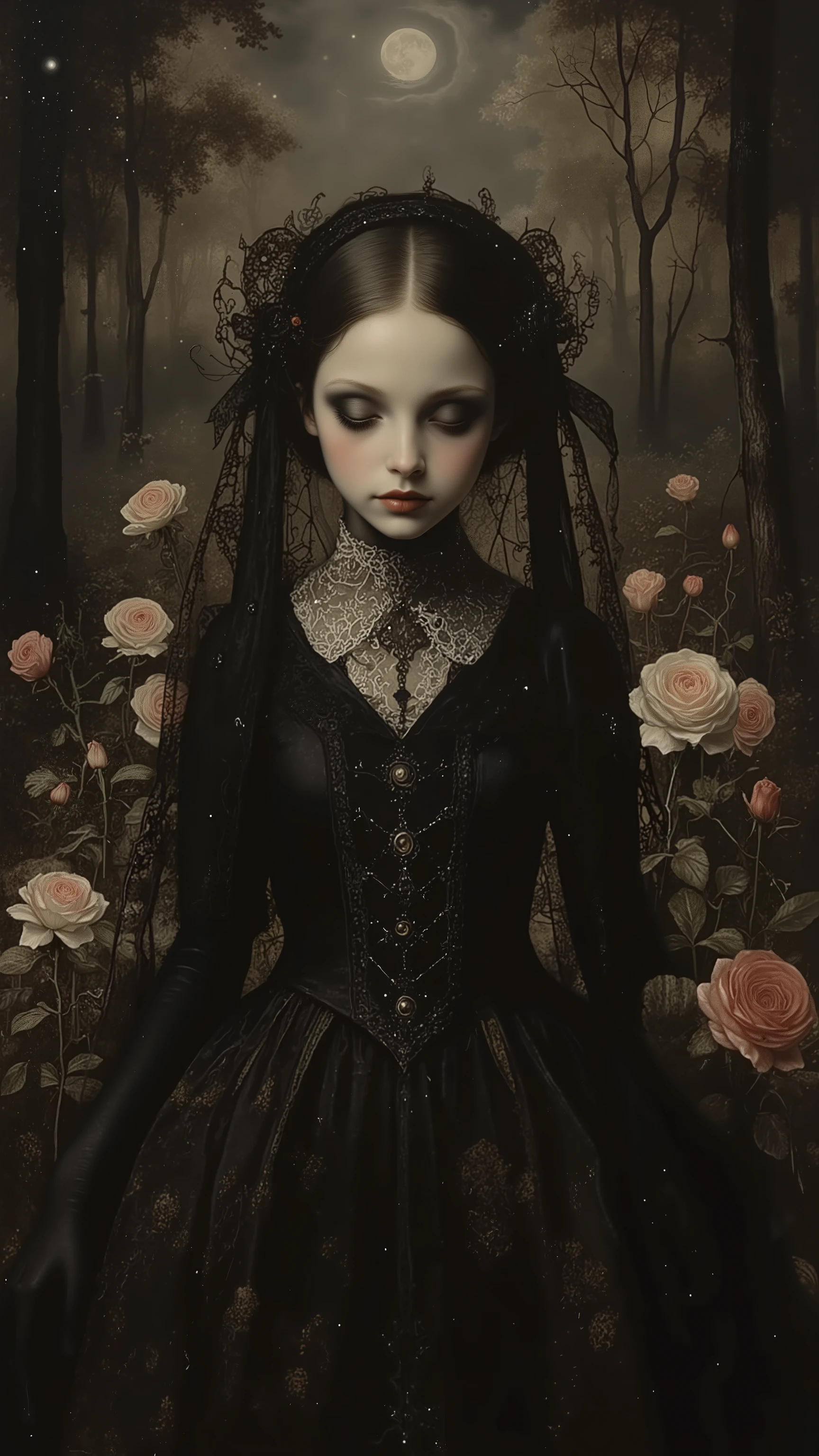 dynamic pose,dynamic angle,((very beautiful girl)),sexy,feminine,wearing black veil,wearing a dress,(rose garden:1.3),dark fantasy,(sad,sorrow,Melancholy),forest at night,moon,starry sky,A dark and atmospheric oil painting portrait,Nicola Samori Style, style of Jan Van Eyck,dark fantasy,exquisite digital illustration,style of Stephen Mackey