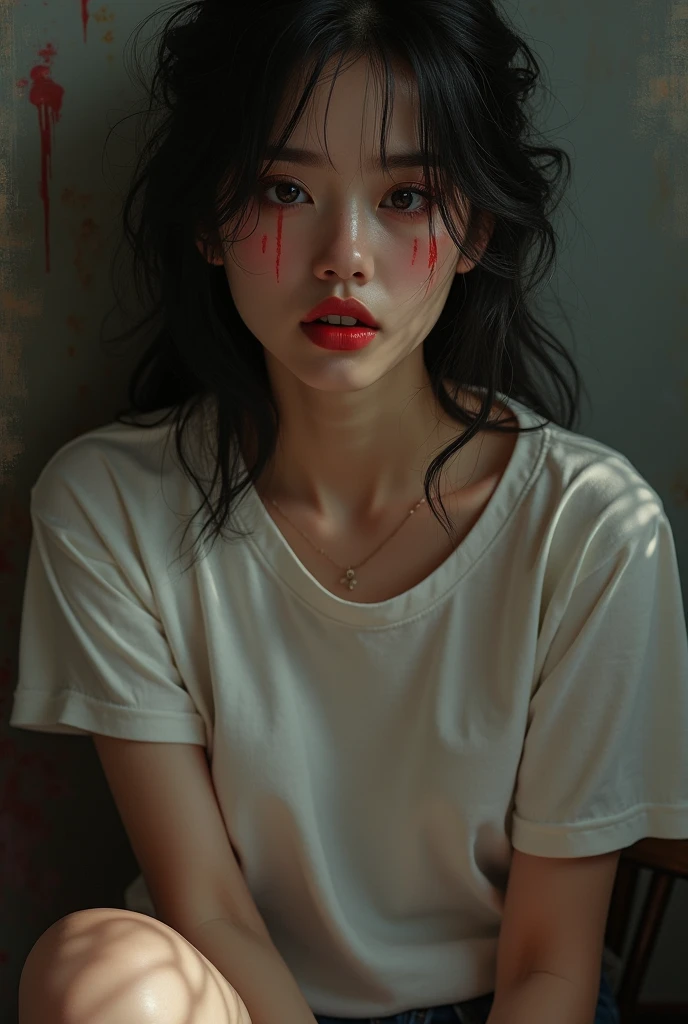 colorful,((1girl)),(masterpiece, best quality, ultra high res, photorealistic, realistic, raw photo, real person, photograph),(amazing, finely detail, an extremely delicate and beautiful, sharp focus),light and shadow,cinematography,contour light,intense brightness and darkness,details,morning fog,depth in field,bokeh,empty eyes,dirty face,scars on the face,torn clothes,feeling helpless,arcuate solitary,confused,ruins,destroyed buildings,