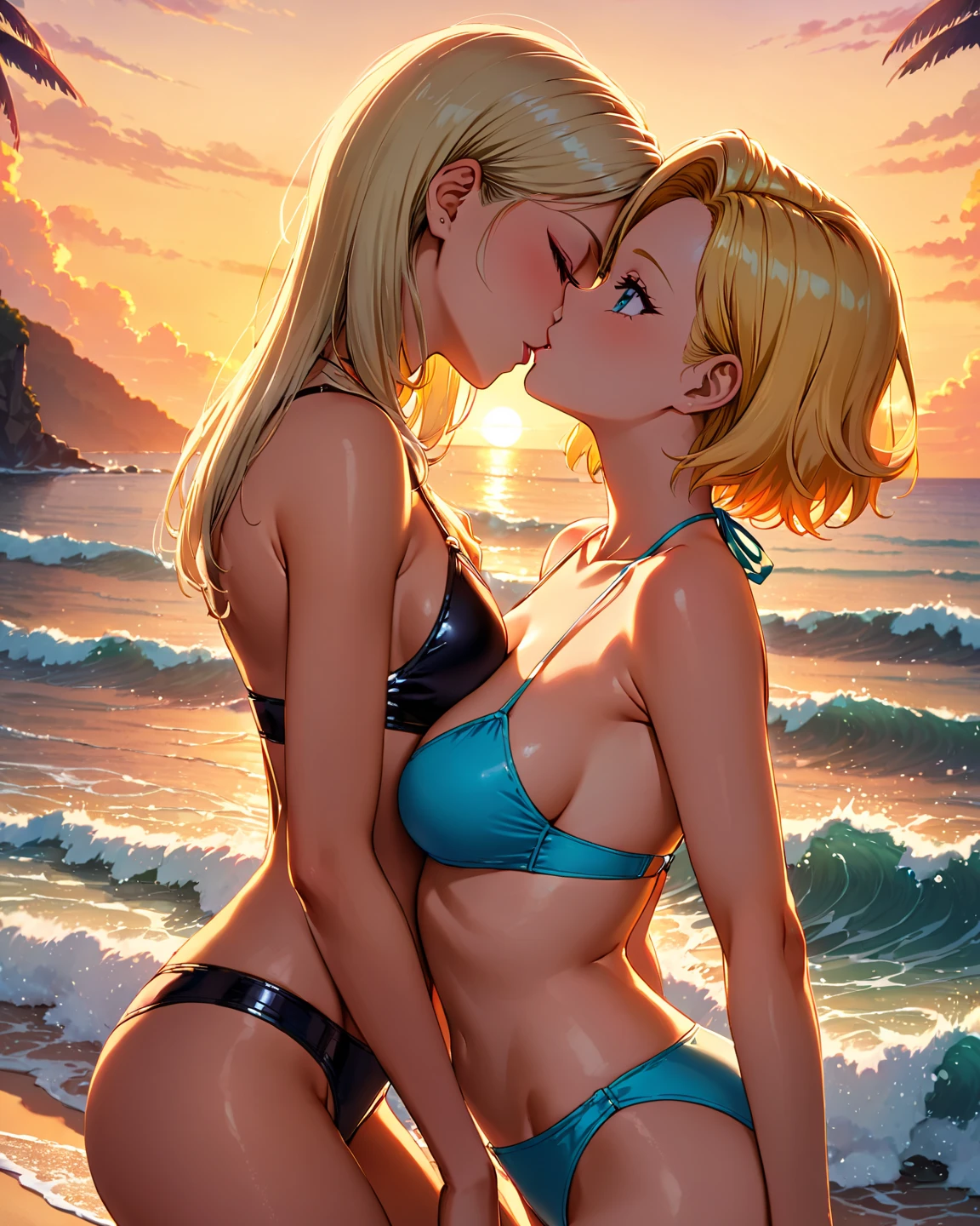 girl(tall、Huge breasts、blush、Ahegao、Extreme sadism、Gal、Blonde、long、Free hairstyle)Sexy Lingerie、Golden lingerie、Sexy outfit、In town、summer、Sunburned skin、Dark skin color、Posing、Bow-legged、High heels、Sweat、Pussy juice、Flirting、kiss、Bright lighting、Ocean、Beach、DildoMasturbation、Toy、Cowgirl、masturbation behavior、Big Ass、Dildo、Masturbation、Feels good、garter belt、