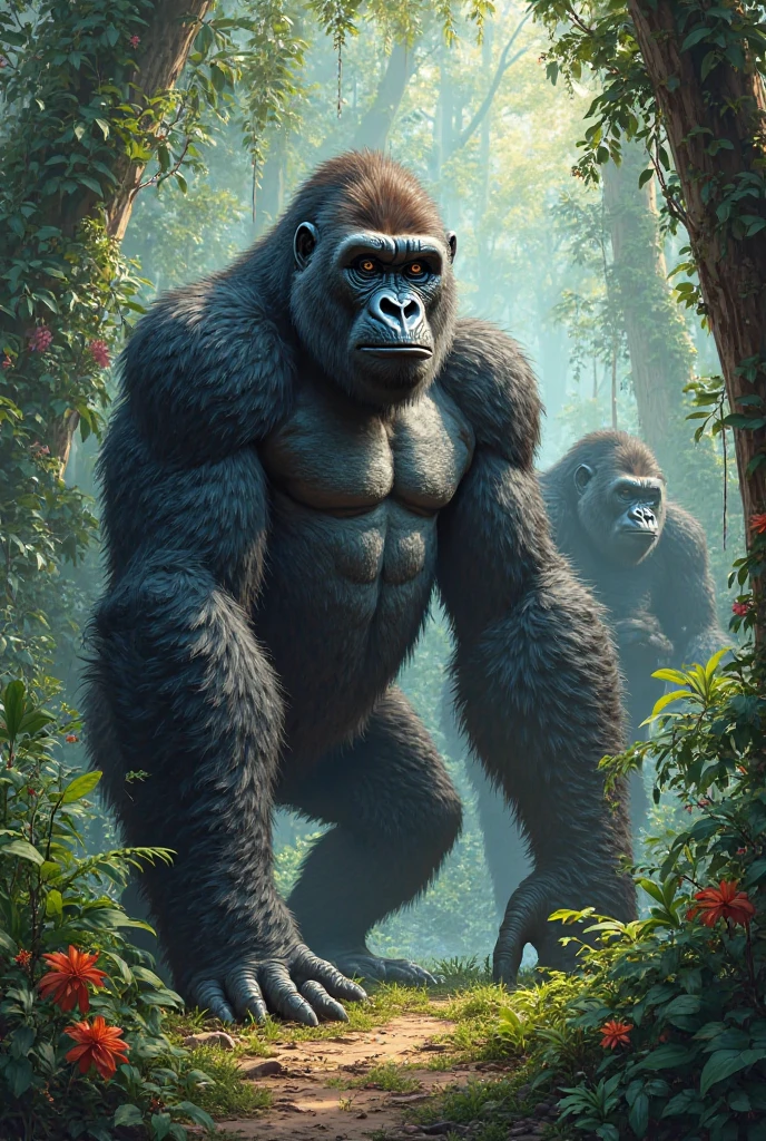 A jungle background with gorillas, photorealistic, artwork,