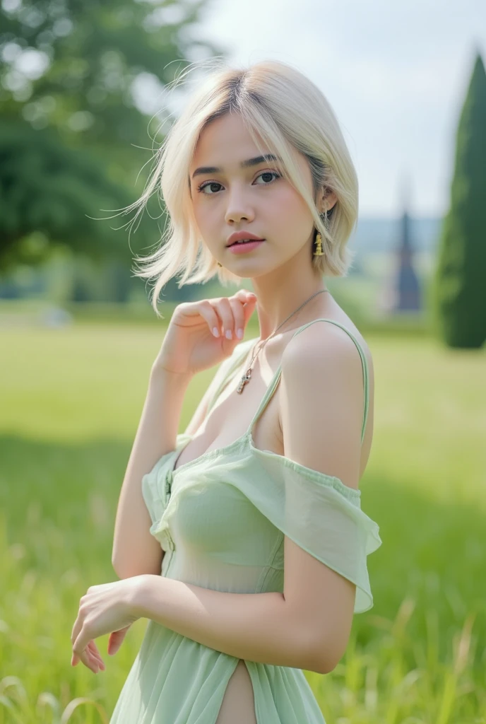 13 year old girl, short white hair, Very curly, Skinny body, small bust, green dress, two hands, shows her legs, sitting on a hill at night, very starry sky, few trees, flowers illuminating, next to her a small white fox, she very pretty.