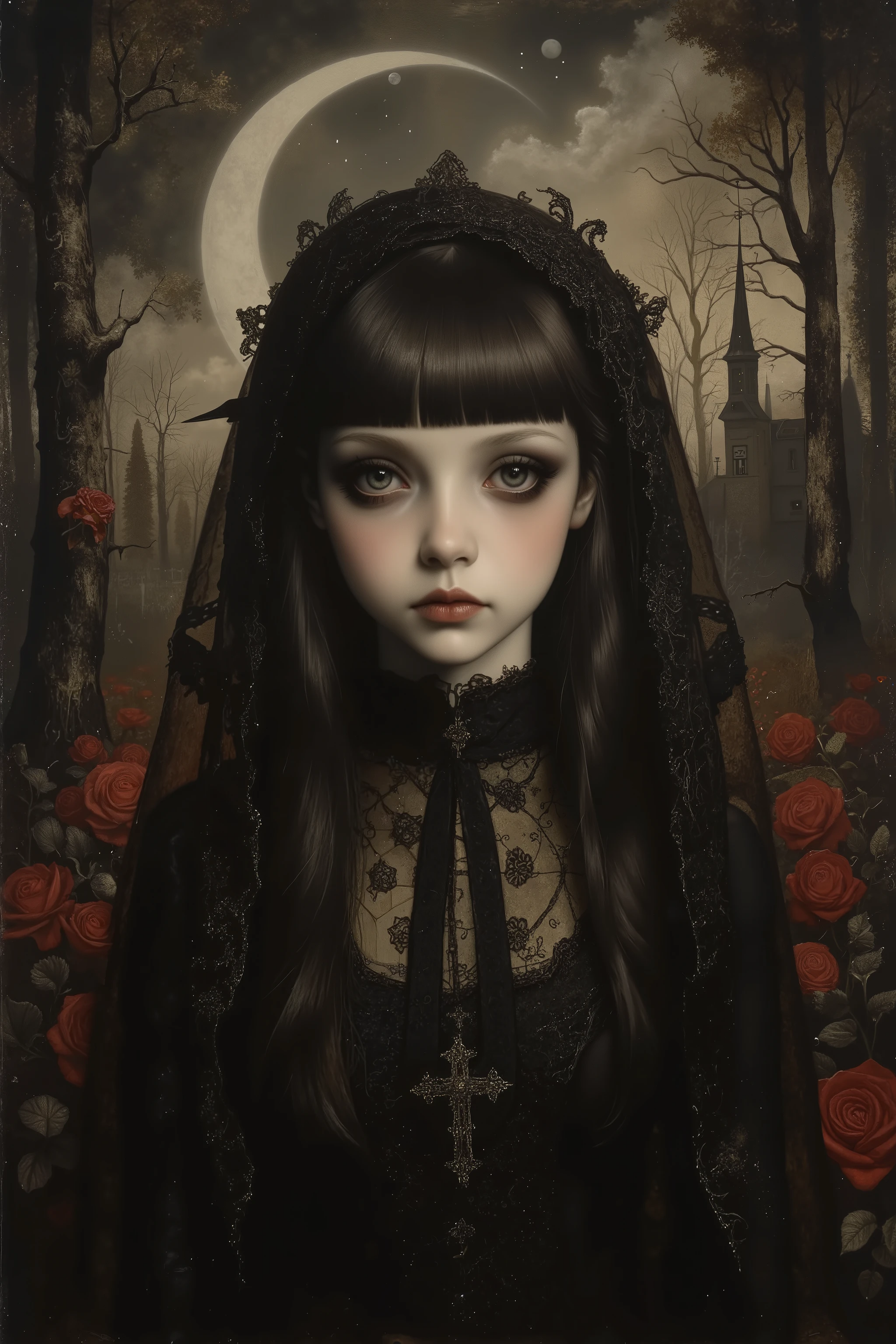 dynamic pose,dynamic angle,((very beautiful girl)),blunt bangs,feminine,wearing black veil,wearing a dress,(rose garden:1.3),black eyes,dark fantasy,(sad,sorrow,Melancholy),forest at night,moon,starry sky,A dark and atmospheric oil painting portrait,Nicola Samori Style, style of Jan Van Eyck,dark fantasy,exquisite digital illustration,style of Stephen Mackey