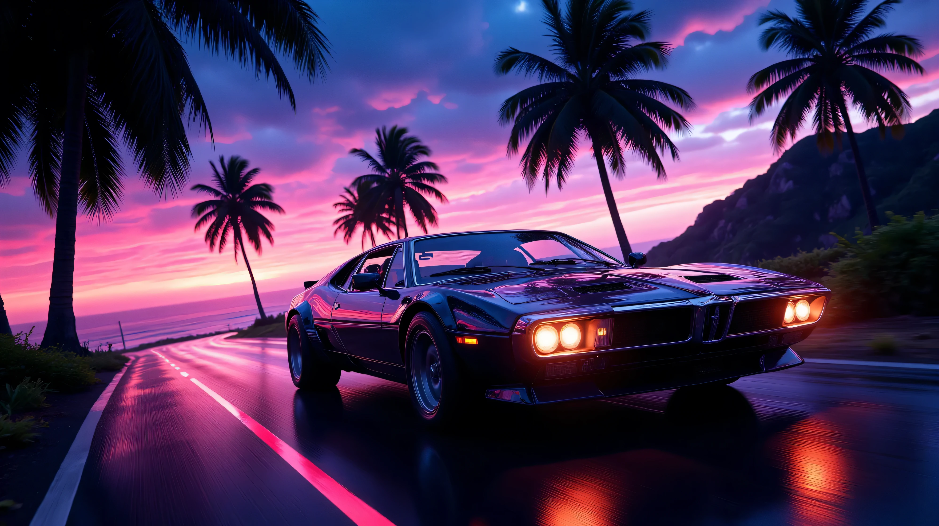 retrowave car driving by the road palms