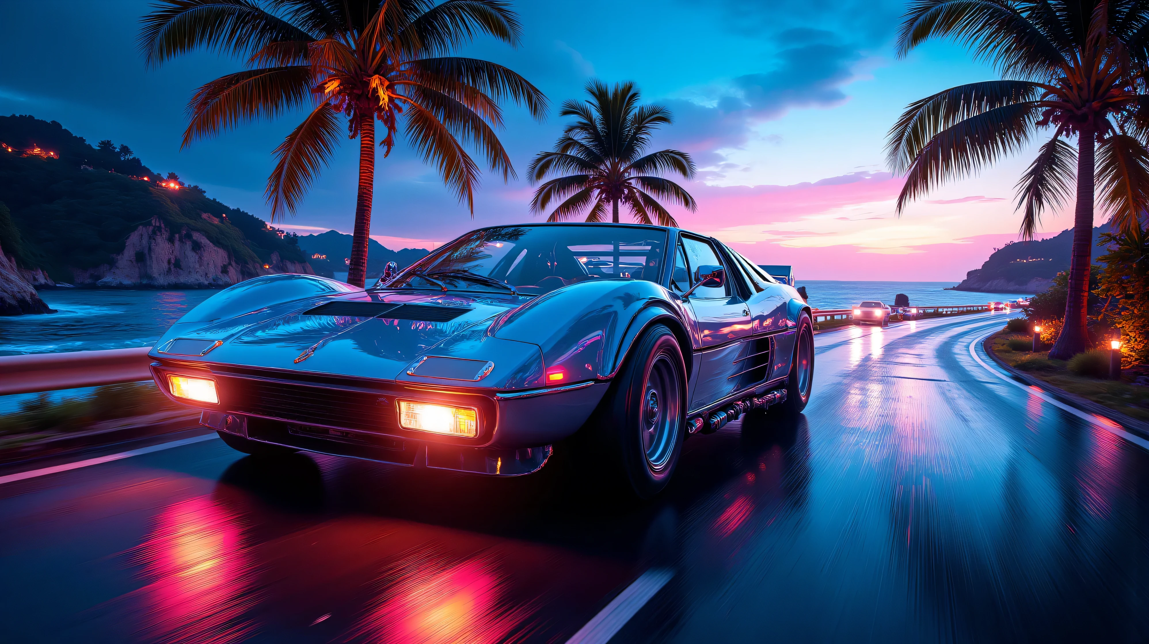 retrowave car driving by the road palms