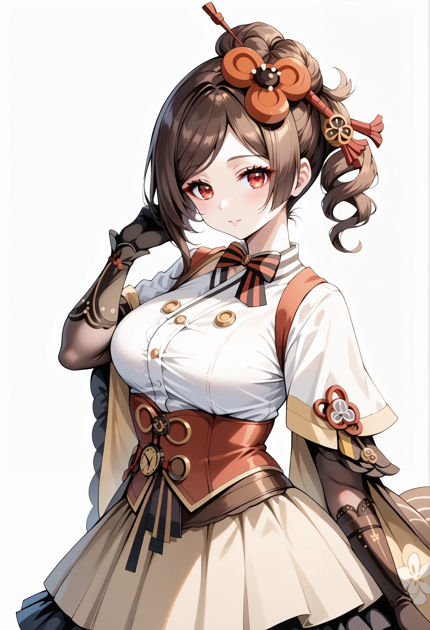 score_9, score_8_up, score_7_up, source_anime, 4K,perfect fingers,(perfect hands, perfect anatomy),prefect lighting, very aesthetic, intricate details,highly detailed background, masterpiece, high quality, best quality,
1girl,Solo,genshinchiori, chiori, brown hair, hair ornament, red eyes, flower, hair flower, large ,
wearing ((steampunk design,Her attire includes a light beige/cream-colored top with brown accents detailing and stitching reminiscent of gears and cogs, She wears a brown lace-edged steampunk-inspired under-skirt with decorative details, )),,
((White plain background:1.5)) , ((White plain background:1.5)) , She's posing with her body angled toward the viewer, her gaze directed slightly to the viewer's right,