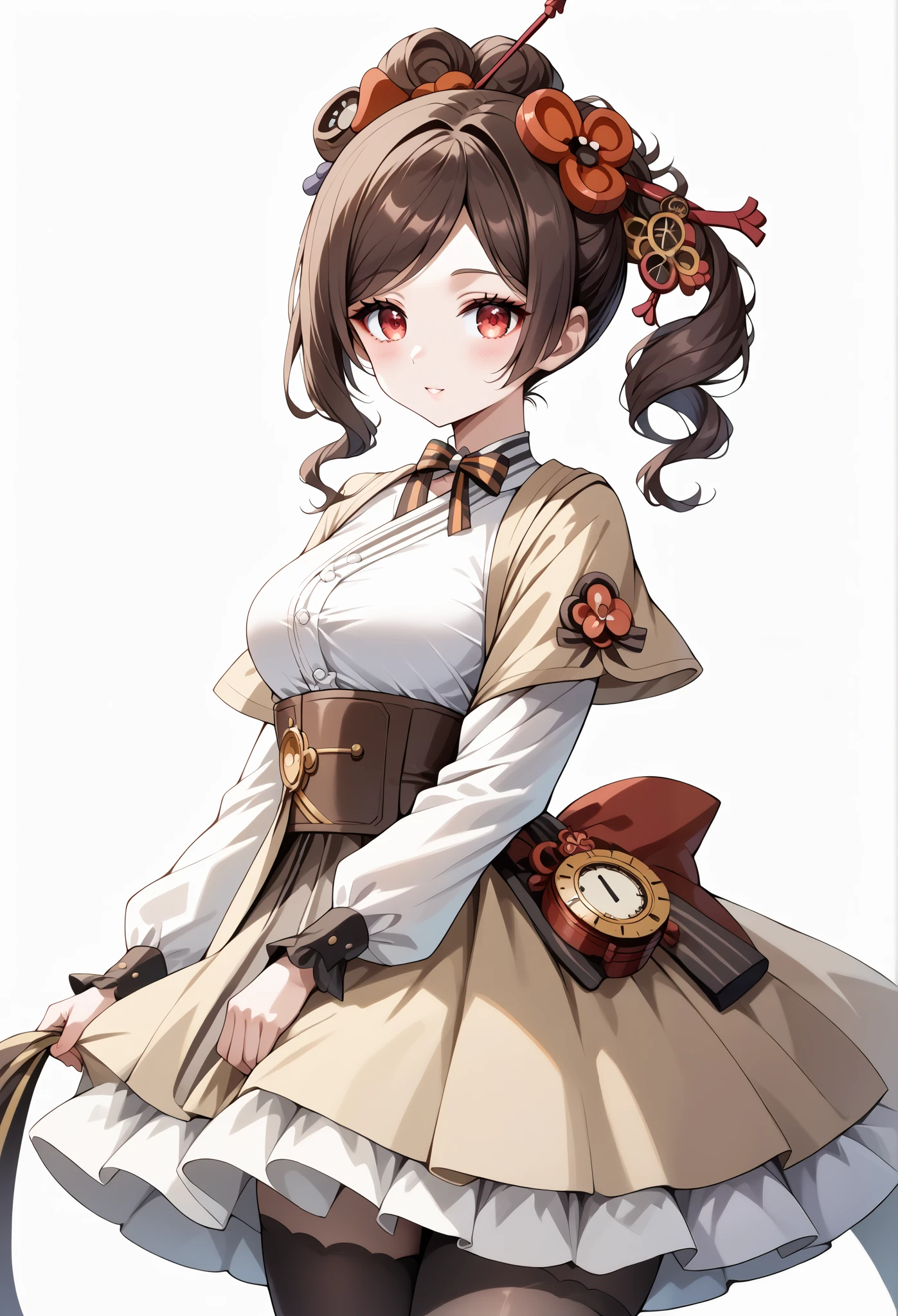 score_9, score_8_up, score_7_up, source_anime, 4K,perfect fingers,(perfect hands, perfect anatomy),prefect lighting, very aesthetic, intricate details,highly detailed background, masterpiece, high quality, best quality,
1girl,Solo,genshinchiori, chiori, brown hair, hair ornament, red eyes, flower, hair flower, large breast,
wearing ((steampunk design,Her attire includes a light beige/cream-colored top with brown accents detailing and stitching reminiscent of gears and cogs, She wears a brown lace-edged steampunk-inspired under-skirt with decorative details, )),,
((White plain background:1.5)) , ((White plain background:1.5)) , She's posing with her body angled toward the viewer, her gaze directed slightly to the viewer's right,