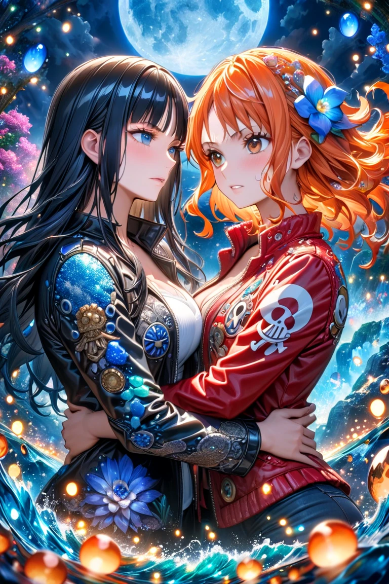 absurdres, highres, ultra detailed, HDR, masterpiece, Nico Robin, black long hair, expressive blue eyes, One Piece, Nami, long orange hair, expressive brown eyes, two women together, beautiful, black jacket, red jacket, white shirt, magical, fantasy, water, blue moon, starry, blue fireflies, blue flowers