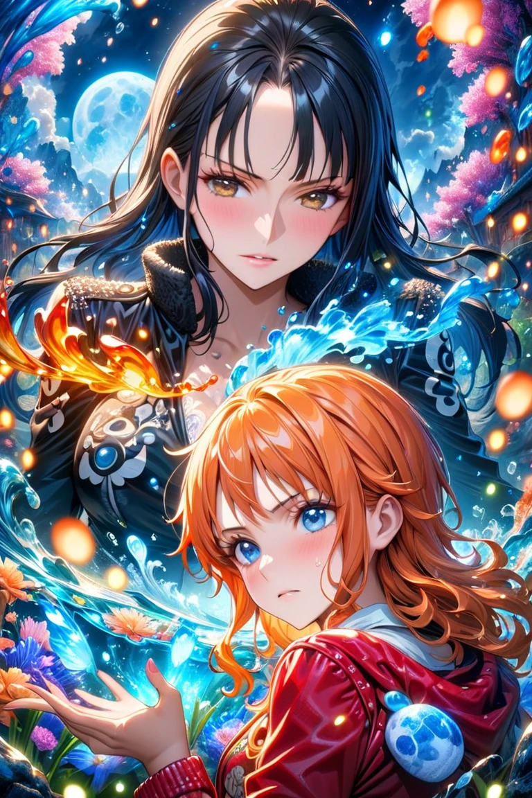 absurdres, highres, ultra detailed, HDR, masterpiece, Nico Robin, black long hair, expressive blue eyes, One Piece, Nami, long orange hair, expressive brown eyes, two women together, beautiful, black jacket, red jacket, white shirt, magical, fantasy, water, blue moon, starry, blue fireflies, blue flowers