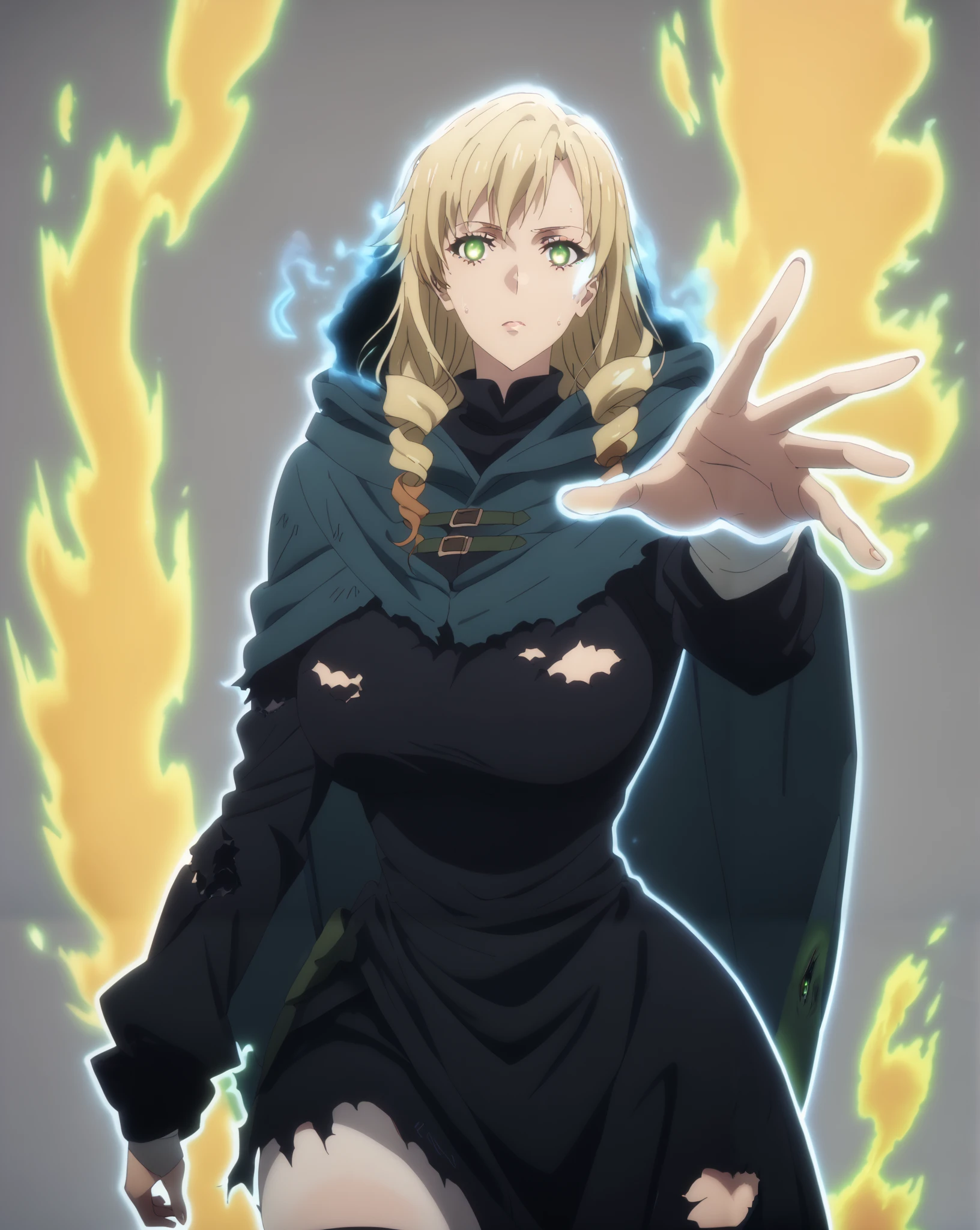 score_9, score_8_up, score_7_up, score_6_up, uncensored, yumiko miura, long hair, blonde hair, green eyes, drill hair, bright pupils, anime coloring, anime screencap, medium breasts, (voluptuous:1.3), (thick:1.3), BREAK UHD, retina, masterpiece, accurate, anatomically correct, textured skin, super detail, high details, high quality, award winning, best quality, highres, 4K, excessive sweating, sweating, sweating drop, (gasping, heavy breathing:1.3), (skindentation:1.2), perfect eyes, beautiful eyes, eyelashes, makeup, detailed body, perfect body, BREAK, bright pupils, ((white outline)), (aura), (black aura:1.2), (aura:1.4), solo, hood, 1girl, cloak, hood_up, glowing, torn_clothes, grey_background, simple background, particle, gothic, glowing eyes