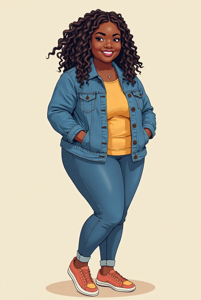 CREATE A DISNEY PIXAR DRAWING WOMAN 3 Slightly overweight BLACK SKIN WEARING RIBBON STYLE GLASSES BLACK HAIR STRAIGHT ON THE SHOULDER WEARING JEANS PANTS BLACK TOP JEANS JACKET WHITE SNEAKERS 