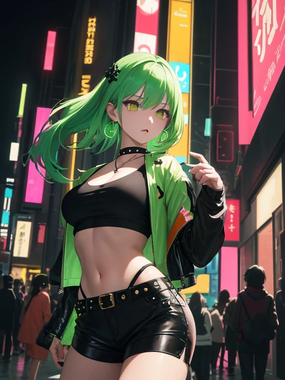 vivid color、medieval fantasy style、Real Touch、Detailed Expression、Japanese anime style、 Japanese Manga Style 、Light and Dark、young woman（nationality：1.0、age：1.1）、（Clothing Details：1.2）、（ Accessories：1.1）、（Skin texture details：1.2）、（ facial features ：1.3）、（ Emoji：1.2）、（Body Type：1.1）、（ pose ：1.2）Stand in a neon-lit urban landscape、（ Hair Details ：1.2）、green/ green hair、 dark skin、（makeup：1.2）、ORANGE CROP TOP、bright red leather jacket、Wear black shorts with futuristic design accents、（FASHION DETAILS：1.2）、（ High Waist Pants ：1.1）、 center of frame 、looks like an older sister、（ Accessories：1.1）choker necklace、 stud earrings、 taken from below、（Lighting Details：1.2）In the background、Brilliant neon lights reflect off the ground、neon city lights illuminate the city。City。scene、( color palette : 1.1)、鮮やかなgreen、 pink、Purple、(composition: 1.1)、Stylish urban cyberpunk aesthetics、High Resolution、photorealistic、digital art、anime style。