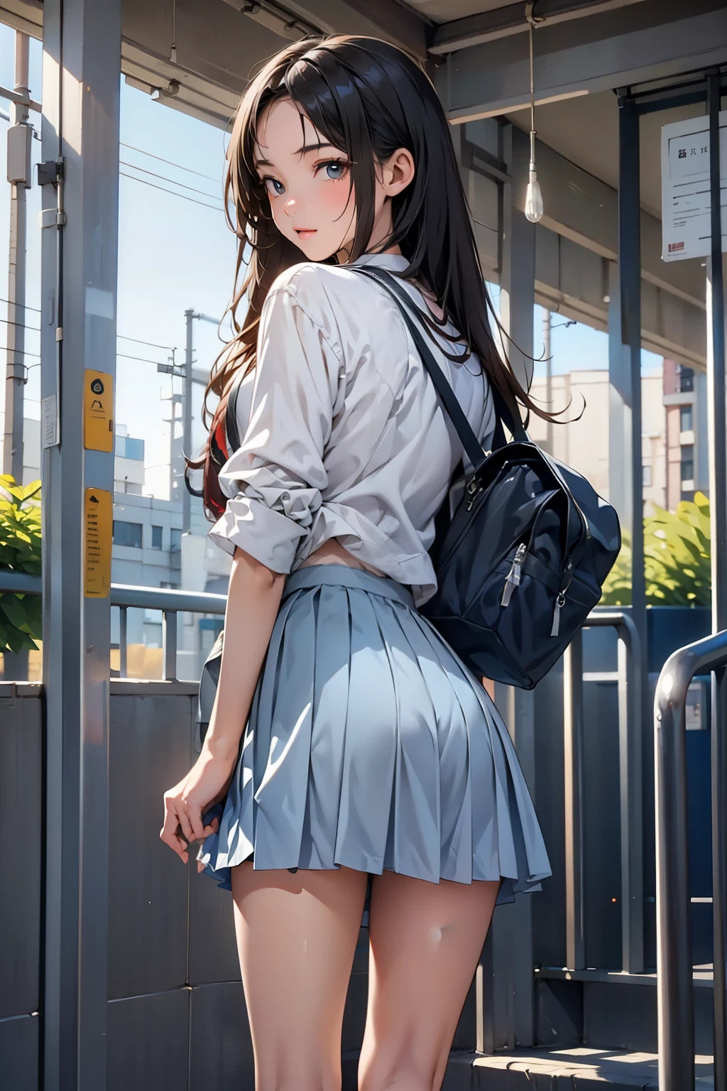 NSFW, (masterpiece, best quality, official art, awesome illustration:1.4), (shiny skin), (UHD, 8K wallpaper, High resolution:1.2), Perfect anatomy, Cinematic lighting, physically-based rendering, award-winning, Carl Zeiss 85 mm F/1.4, 1 girl, BREAK, very cute and slender 18-year-old Japanese schoolgirl is standing, (glossy brown hair, high ponytail, wavy hair:1.3), (wearing Japanese school uniforms:1.3), (collared white blouse), narrow waist, (plaid mini skirt), panties wet, (pussy juice dripping down on thighs:1.3), (slim legs, thigh high socks, zettai ryoiki, loafers:1.2), (spread thighs, thigh focus:1.3), BREAK, (at the up escalators:1.3), (lower body shot, view from below, view from behind:1.3), Nogizaka idol, (extremely low angle),