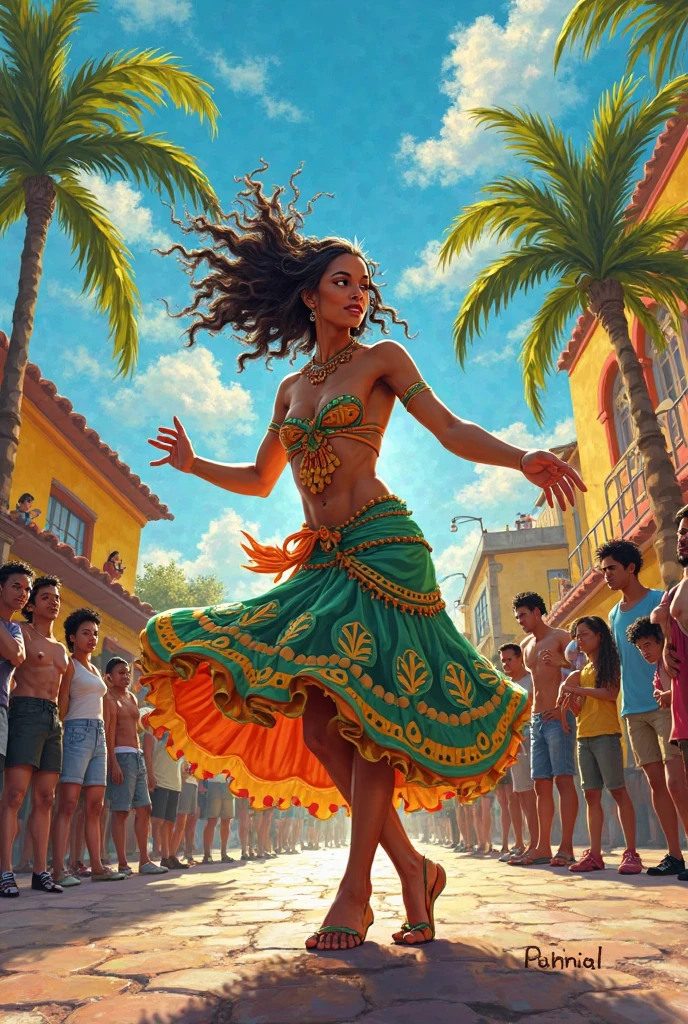 A drawing of a woman dancing samba in a festive setting. She is wearing a traditional samba outfit, with a colorful fringed skirt and a sequined top. The woman is on the move, with one leg raised and the body leaning forward, capturing the vibrant rhythm of samba. The background can be a street full of lights and people around, typical of a carnival parade, with lots of colors and a cheerful atmosphere.