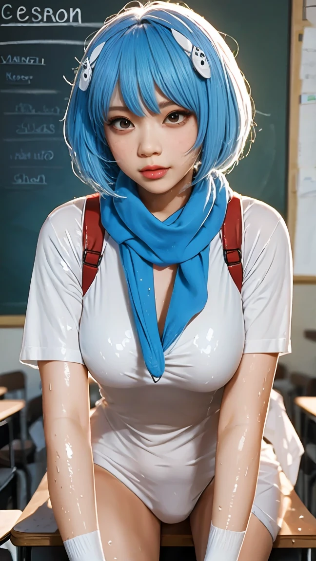 (huge breast:1.6), (Felicia at school), (blue hair), (sitting in front of a school table), lipsticks